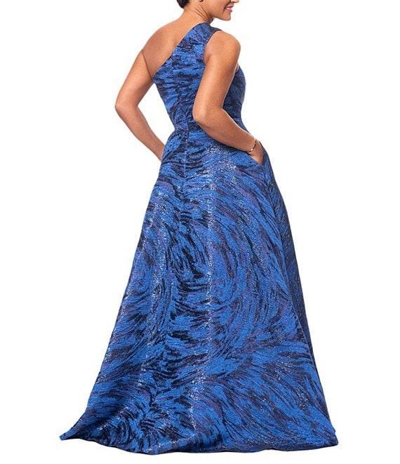 Xscape Brocade One Shoulder Sleeveless Side Pockets Front Slit Ball Gown Product Image