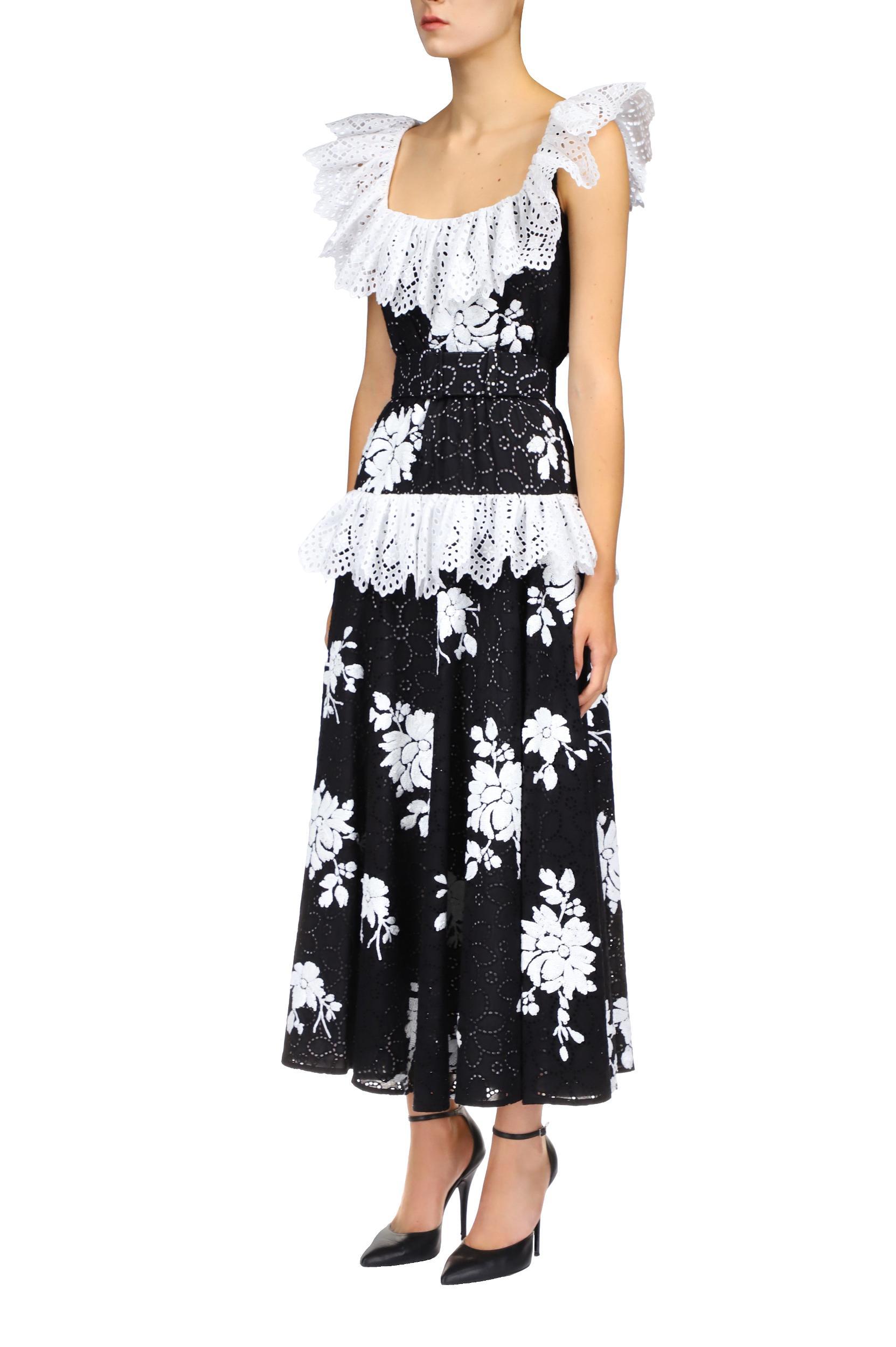 Black Cotton Eyelet Dress With Floral Sequins, Eyelet Ruffle Detail And Belt Product Image