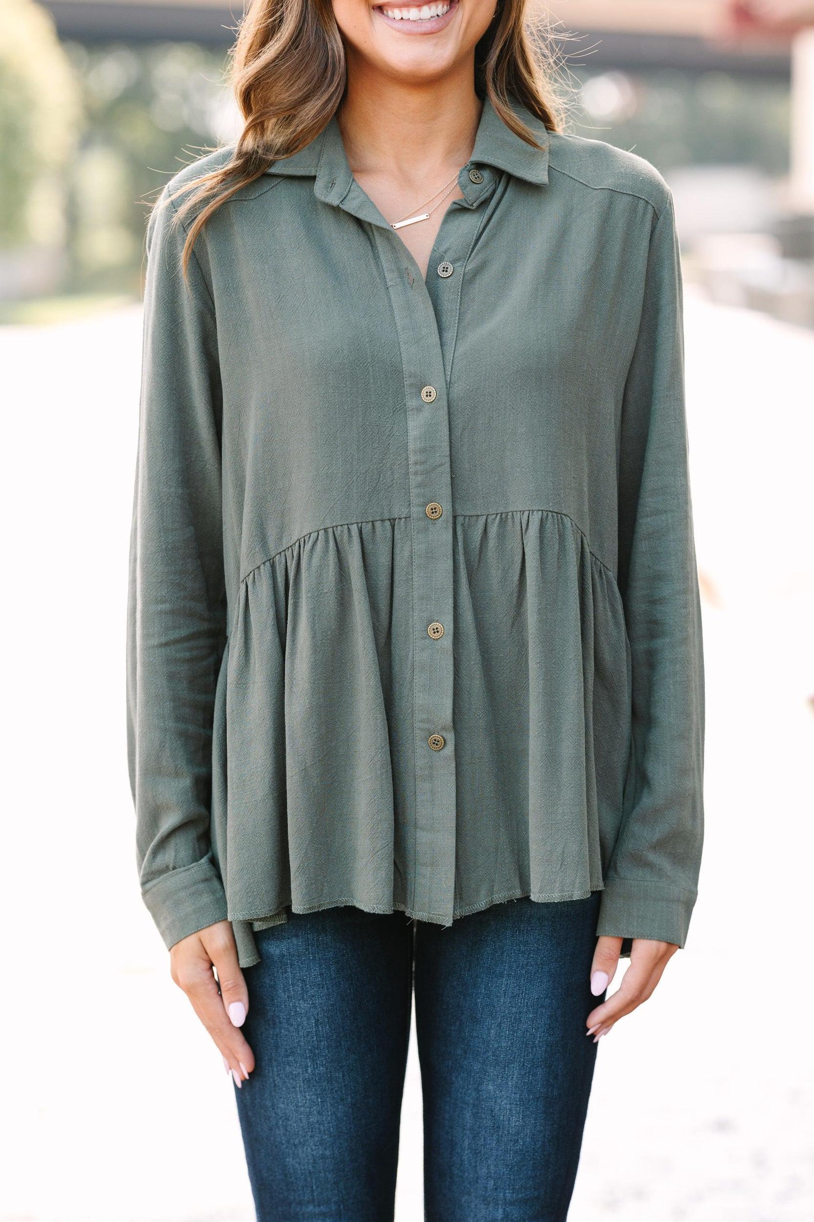 Call On Me Army Green Linen Top Female Product Image