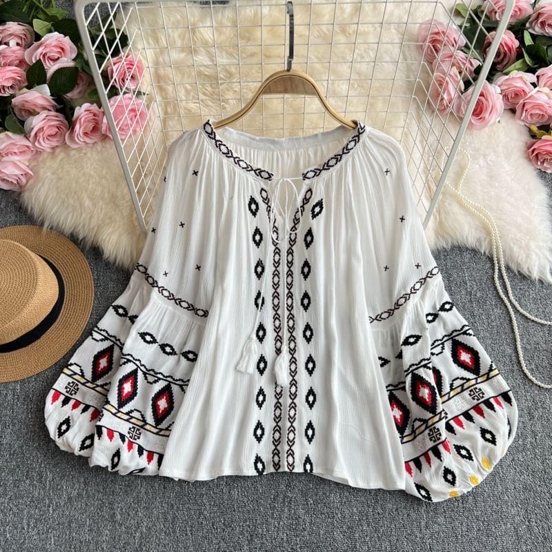 Long Sleeve Crew Neck Patterned Embroidered Loose Fit Blouse Product Image