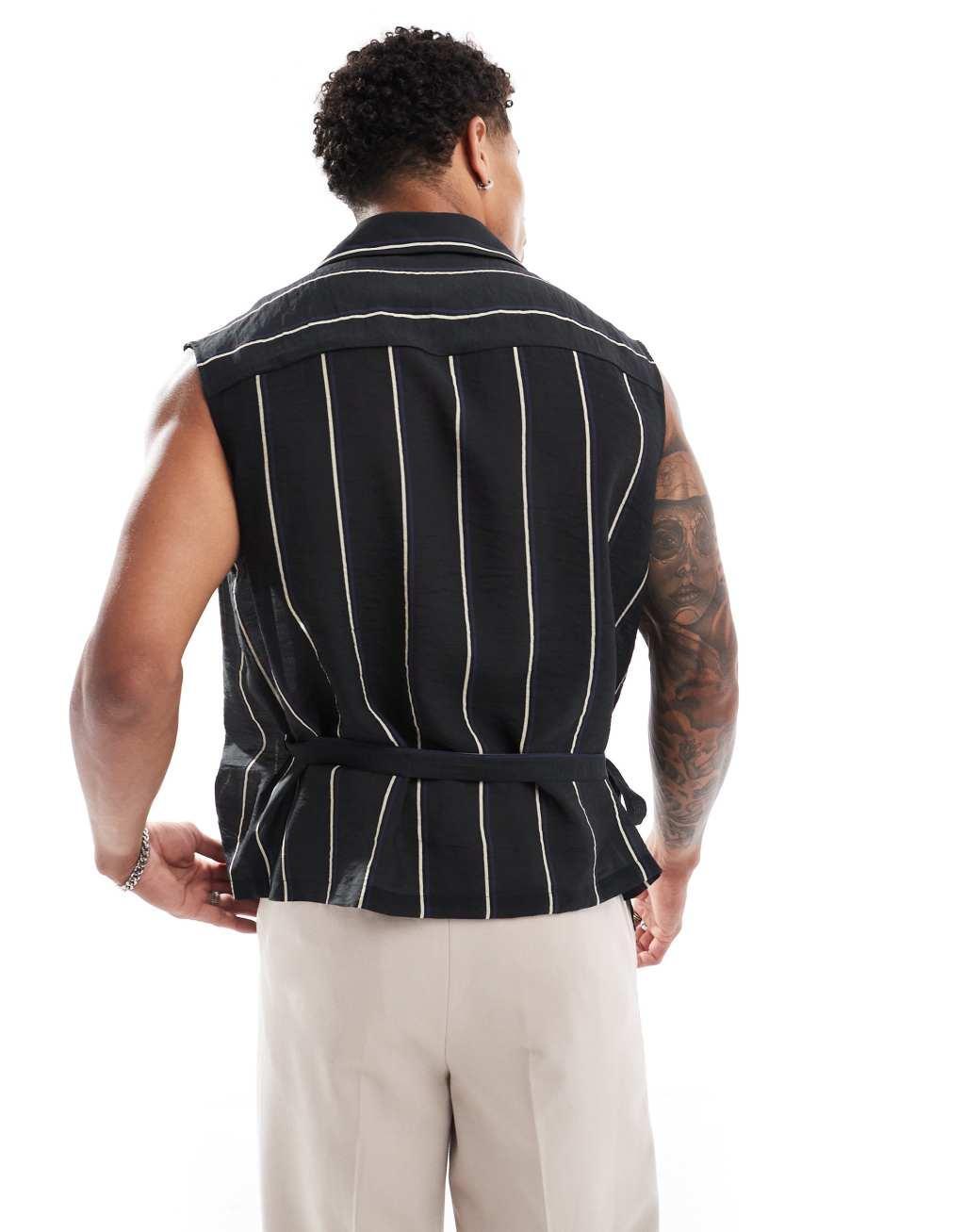 ASOS DESIGN boxy relaxed sleeveless striped wrap tie shirt in black Product Image