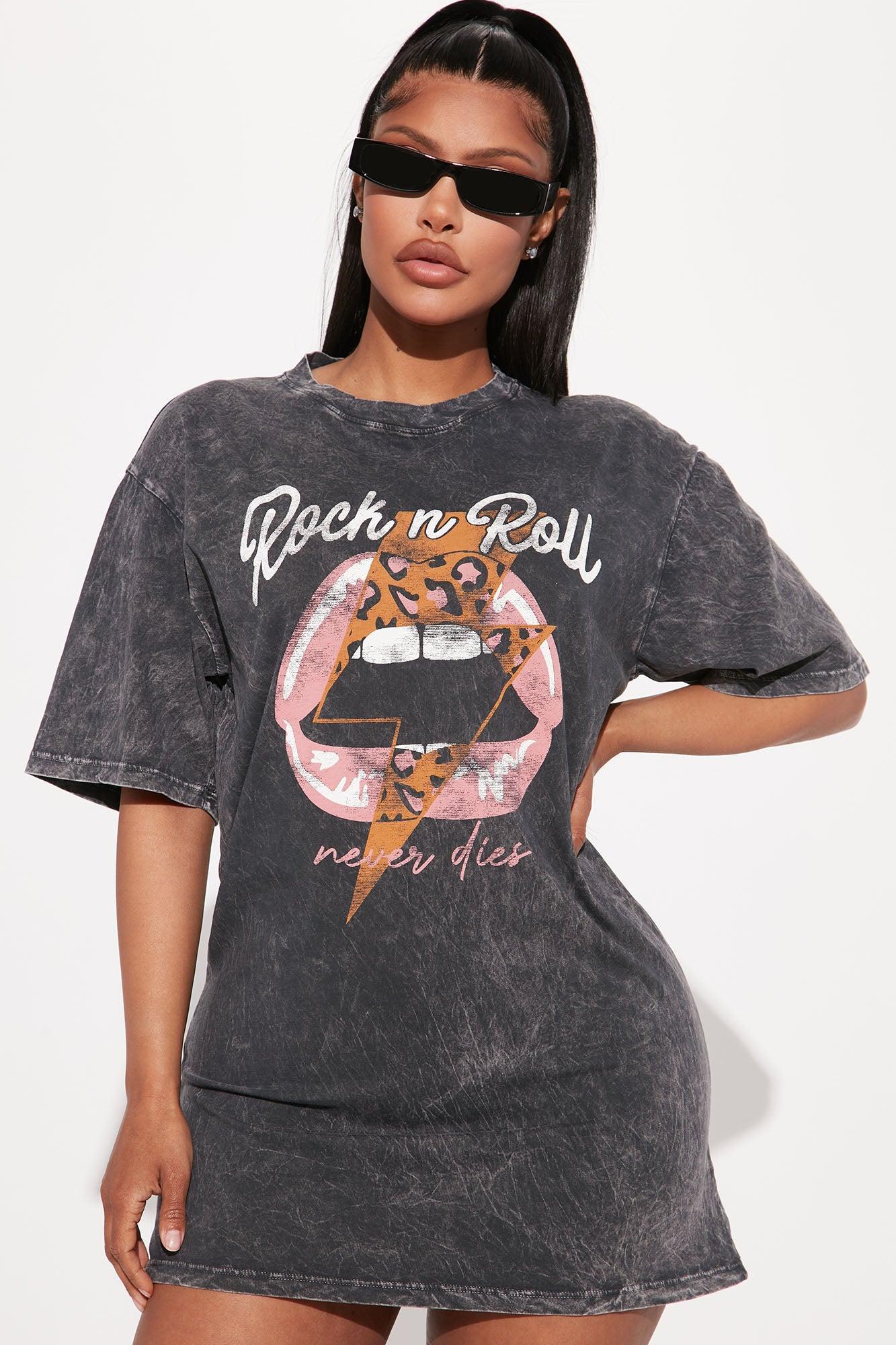 Rock N Roll Washed T-Shirt Dress - Charcoal Product Image