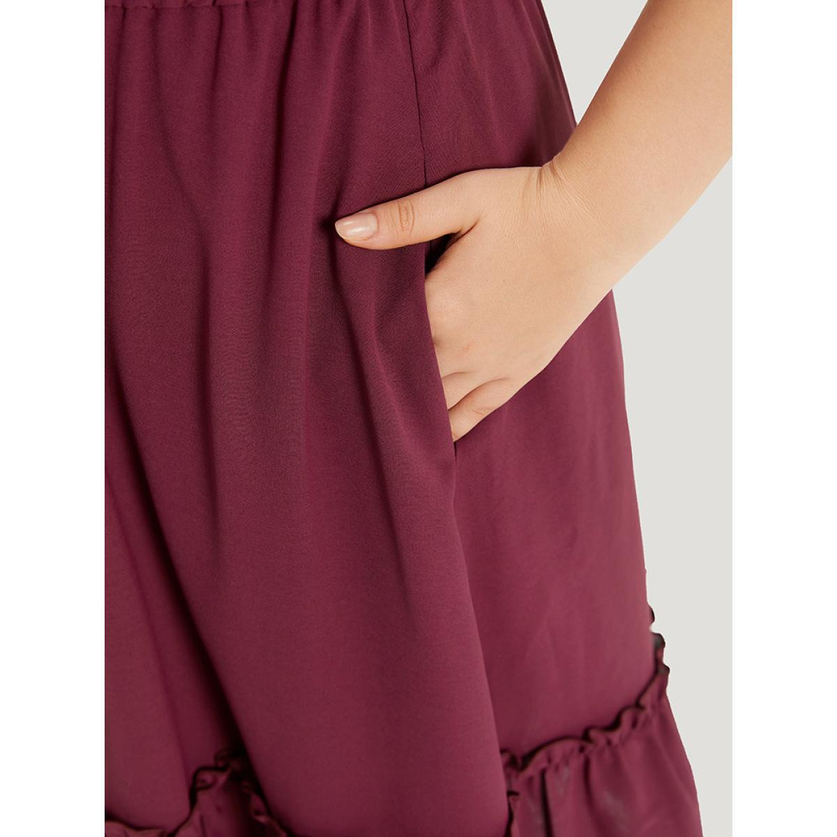 Plus Size Plain Frill Trim Gathered Ties Square Neck Tank Dress Burgundy Women Elegant Plain Square Neck Sleeveless Curvy Midi Dress BloomChic 18-20/2X Product Image