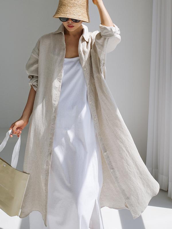 Simple Long Sleeves Split-Side Solid Color Lapel Midi Dresses Shirt Dress Product Image