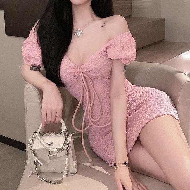 Short Sleeve V-Neck Plain Tie Front Mini Sheath Dress Product Image