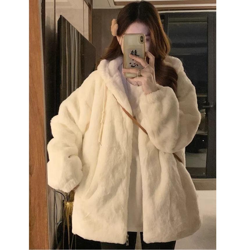 Plain Drawstring Hooded Fleece Zip Jacket Product Image