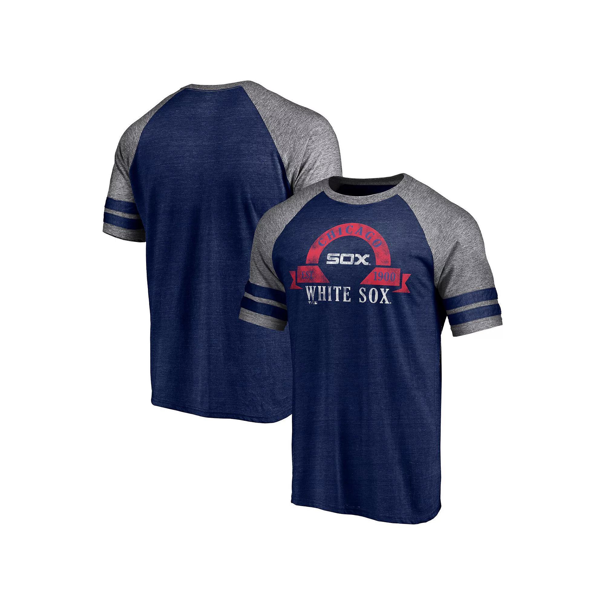 Men's Fanatics Branded Heather Royal Chicago Cubs Utility Two-Stripe Raglan Tri-Blend T-Shirt, Size: Small, Blue Product Image