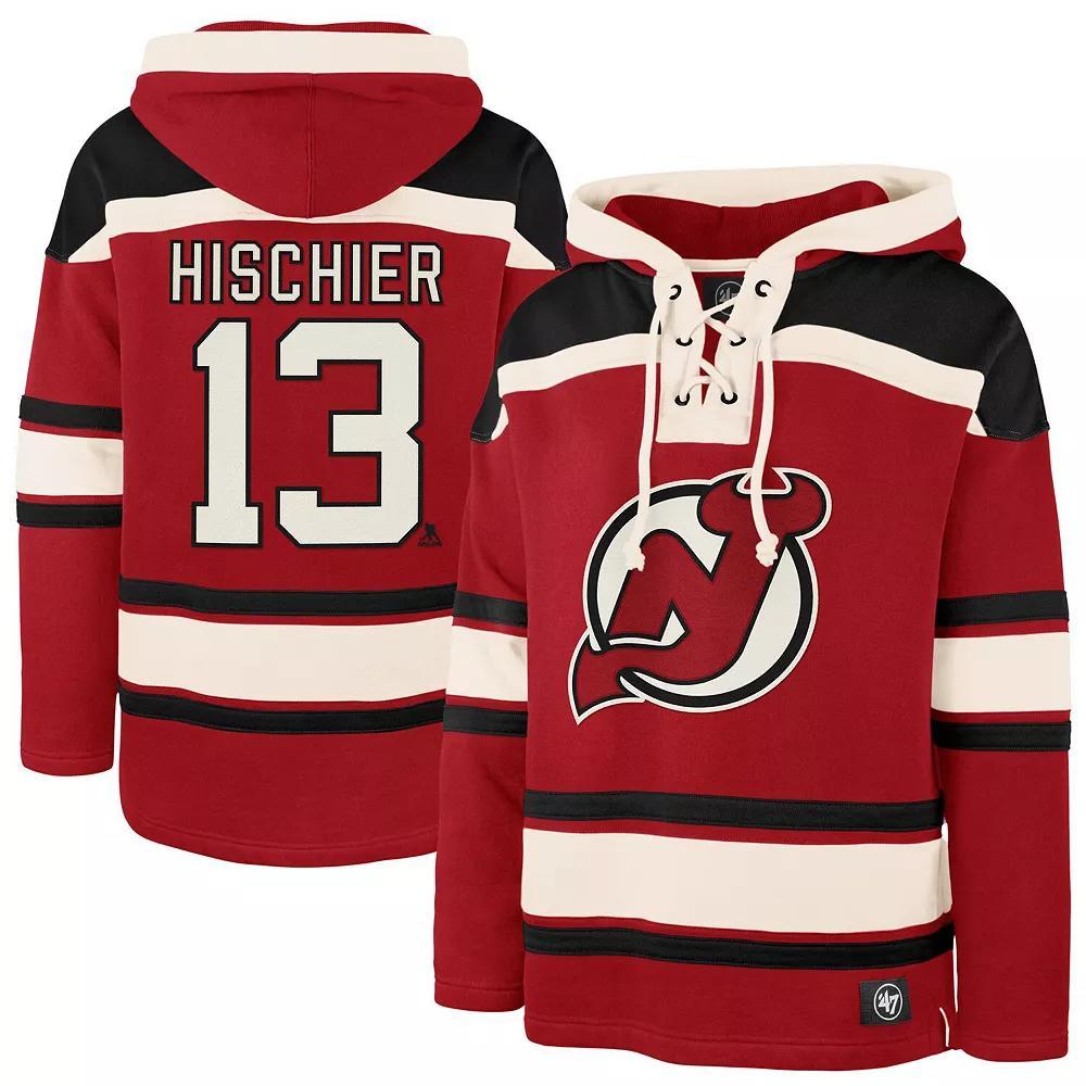 Men's '47 Nico Hischier Red New Jersey Devils Player Name & Number Lacer Pullover Hoodie, Size: 2XL, Nhl Red Product Image