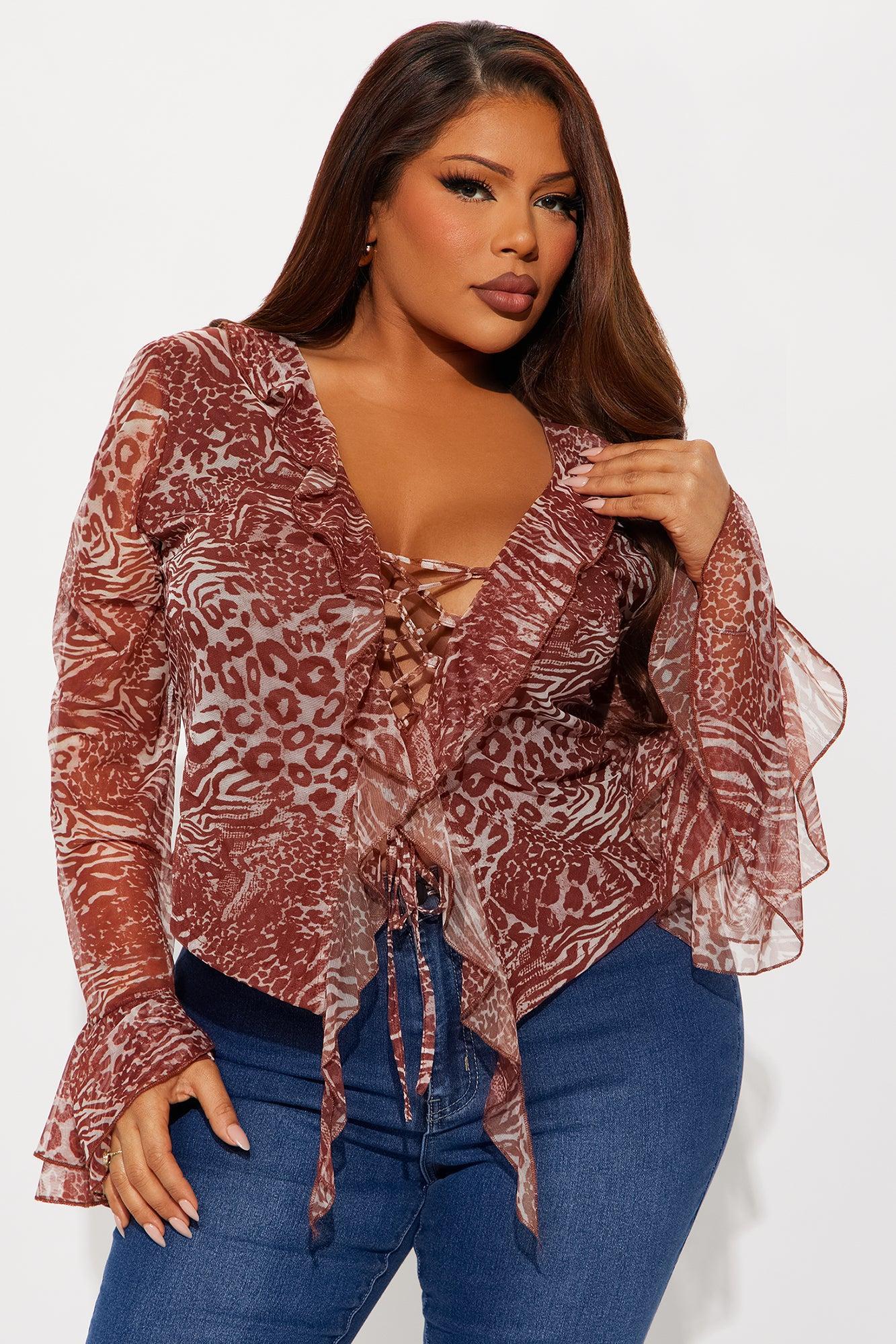 Retreat Ruffle Long Sleeve Mesh Top - Leopard Female Product Image