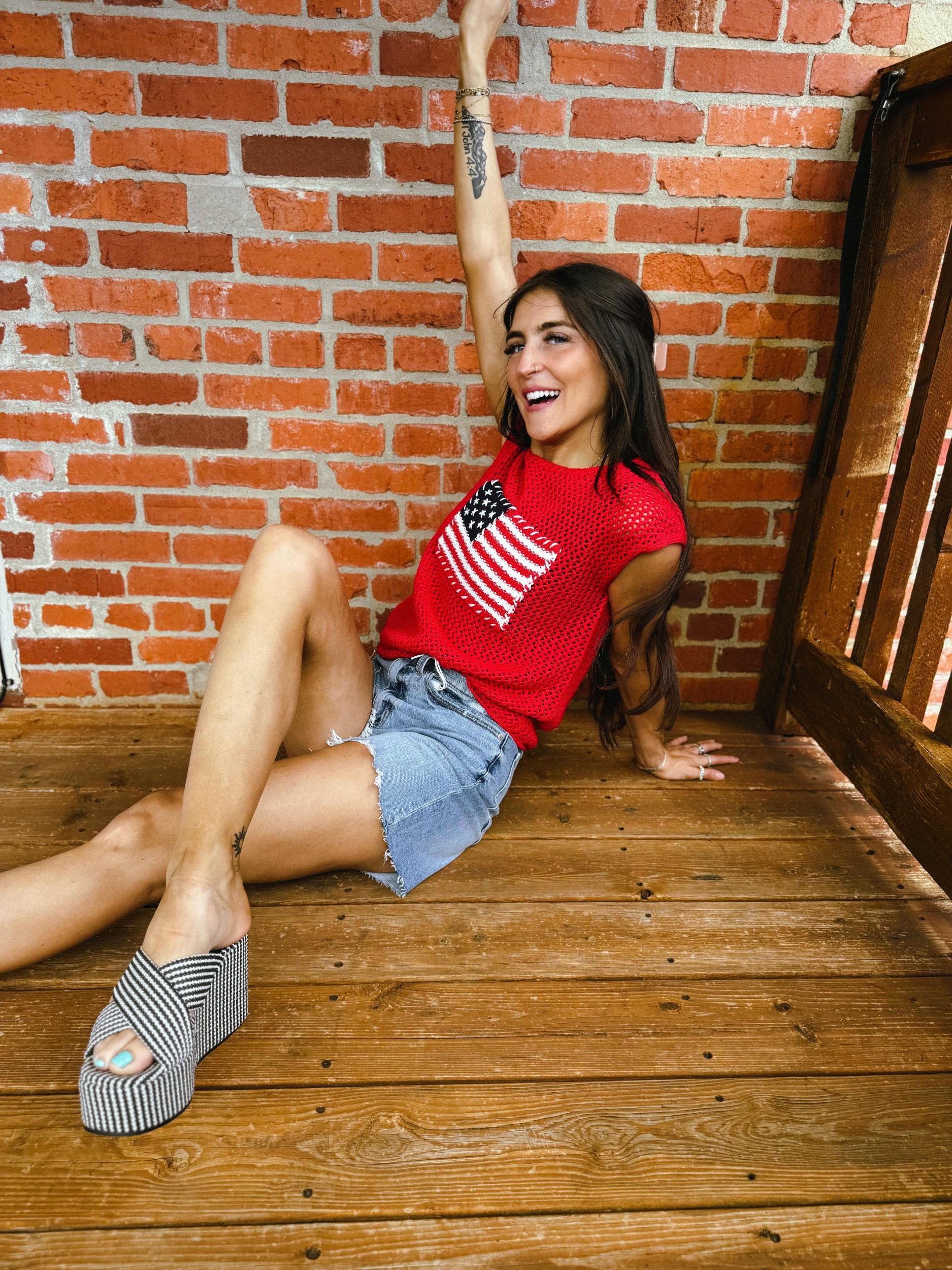 American Flag Crochet Knit Sweater Top Product Image