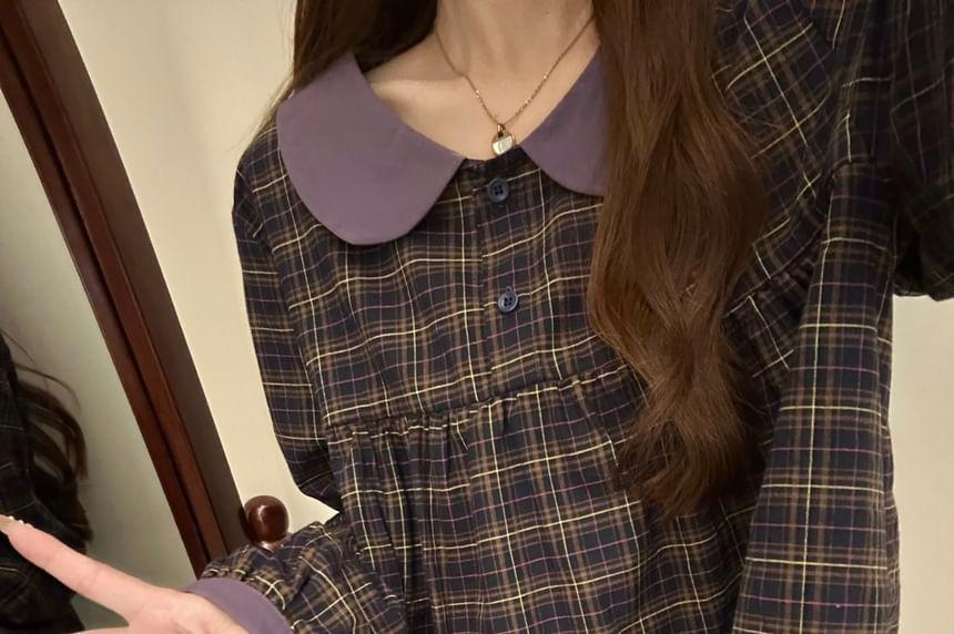 Pajama Set: Plaid Contrast Collar Blouse + Pants Product Image