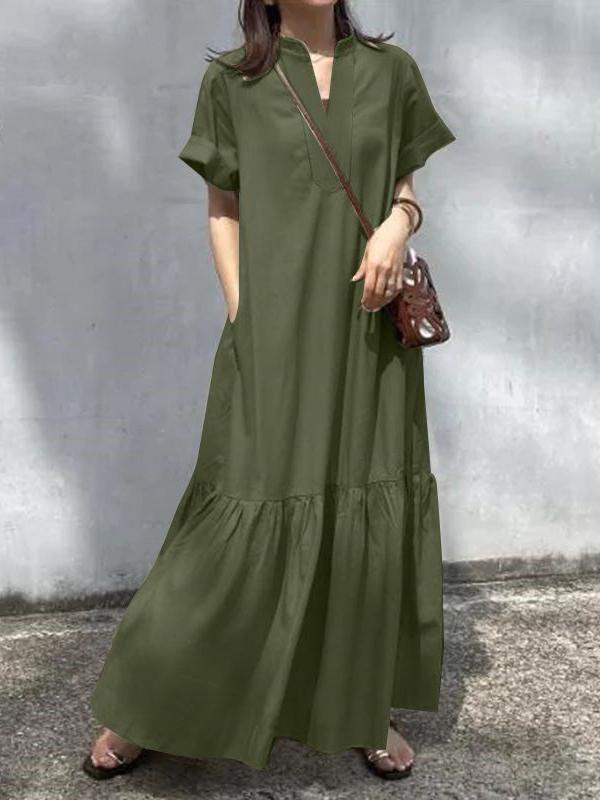 A-Line Loose Solid Color Split-Joint V-Neck Maxi Dresses Product Image