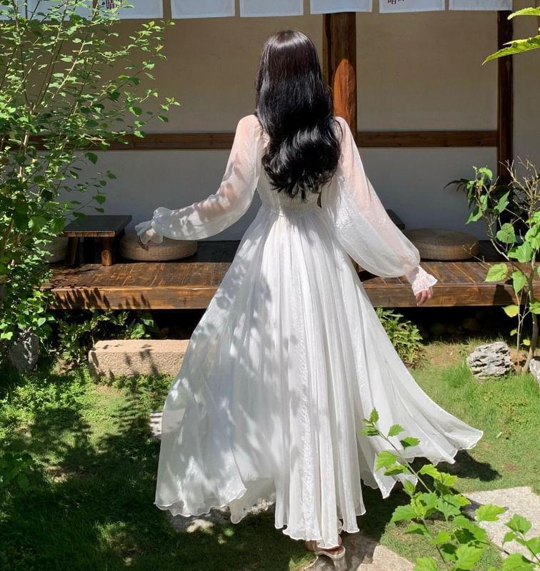 Long-Sleeve Off Shoulder Plain Frill Shirred Maxi A-Line Dress Product Image