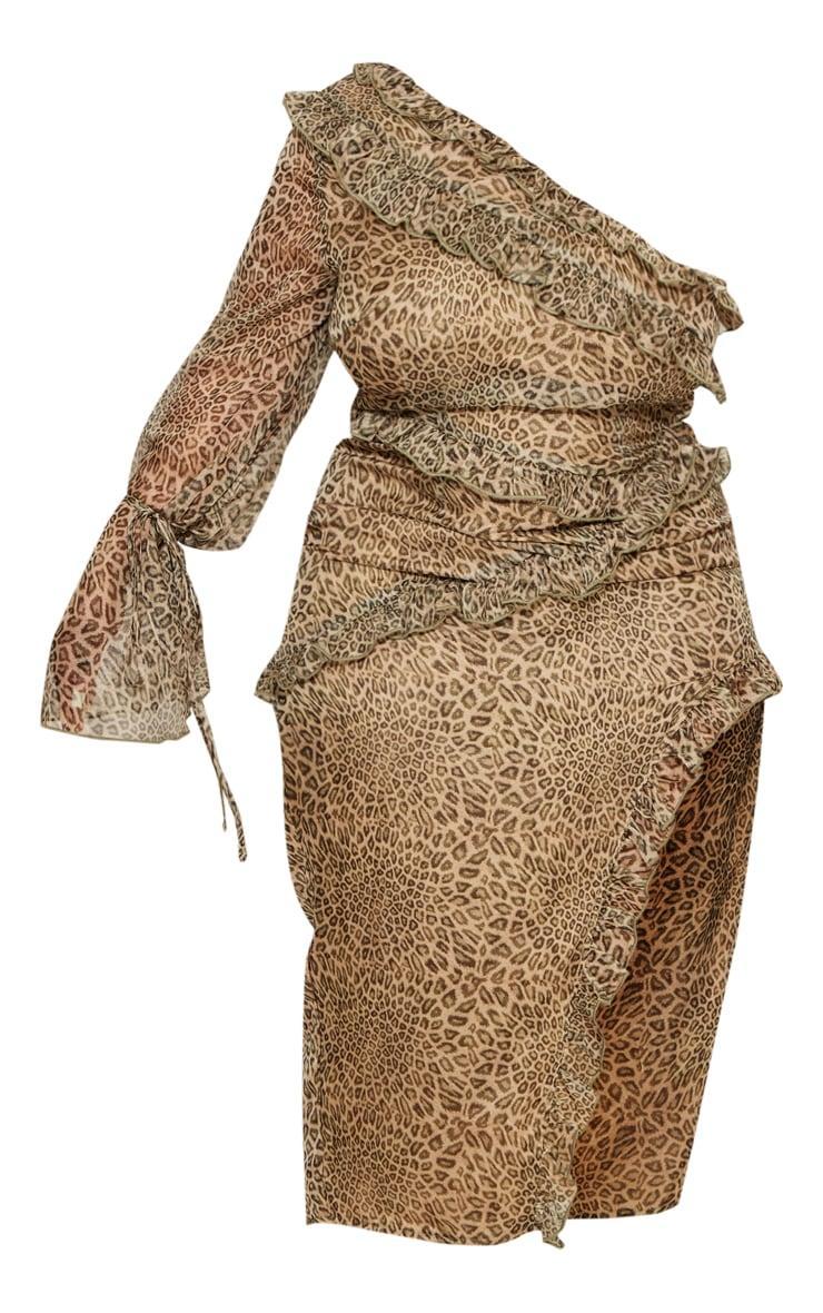Plus Brown Leopard Ruffle One Shoulder Midi Dress Product Image