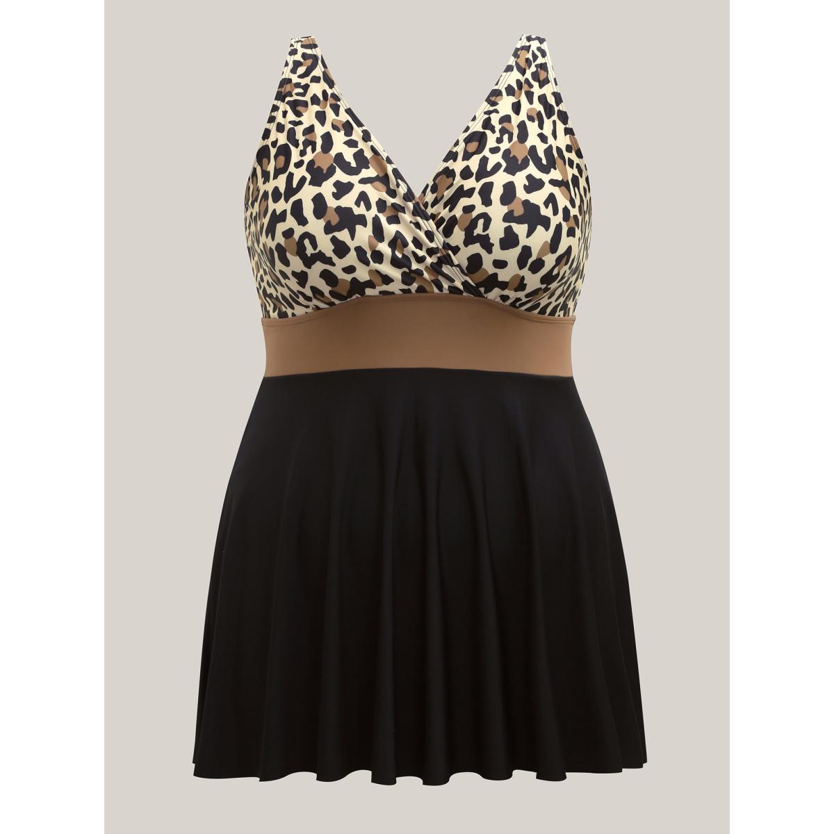 Plus Size Leopard Print Color Block Swim Dress Women's Swimwear LightBrown Beach Bodycon Overlap Collar High stretch Curve Swim Dresses BloomChic 12/L Product Image