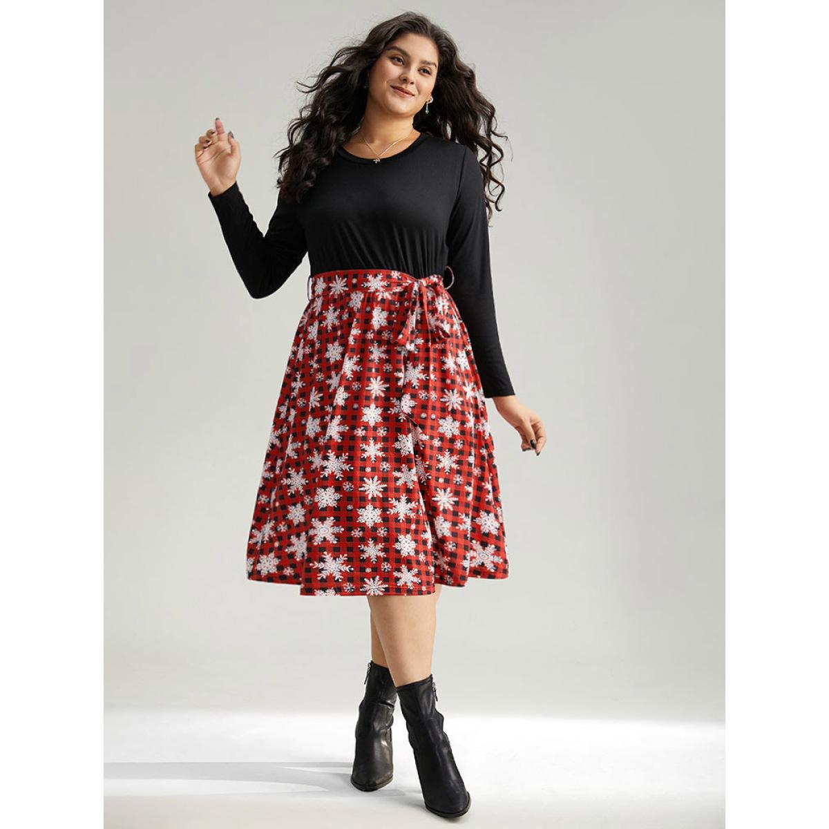 Plus Size Snowflake Print Belted Long Sleeve Dress Raspberry Women Elegant Belted Round Neck Long Sleeve Curvy Midi Dress BloomChic 18-20/2X Product Image