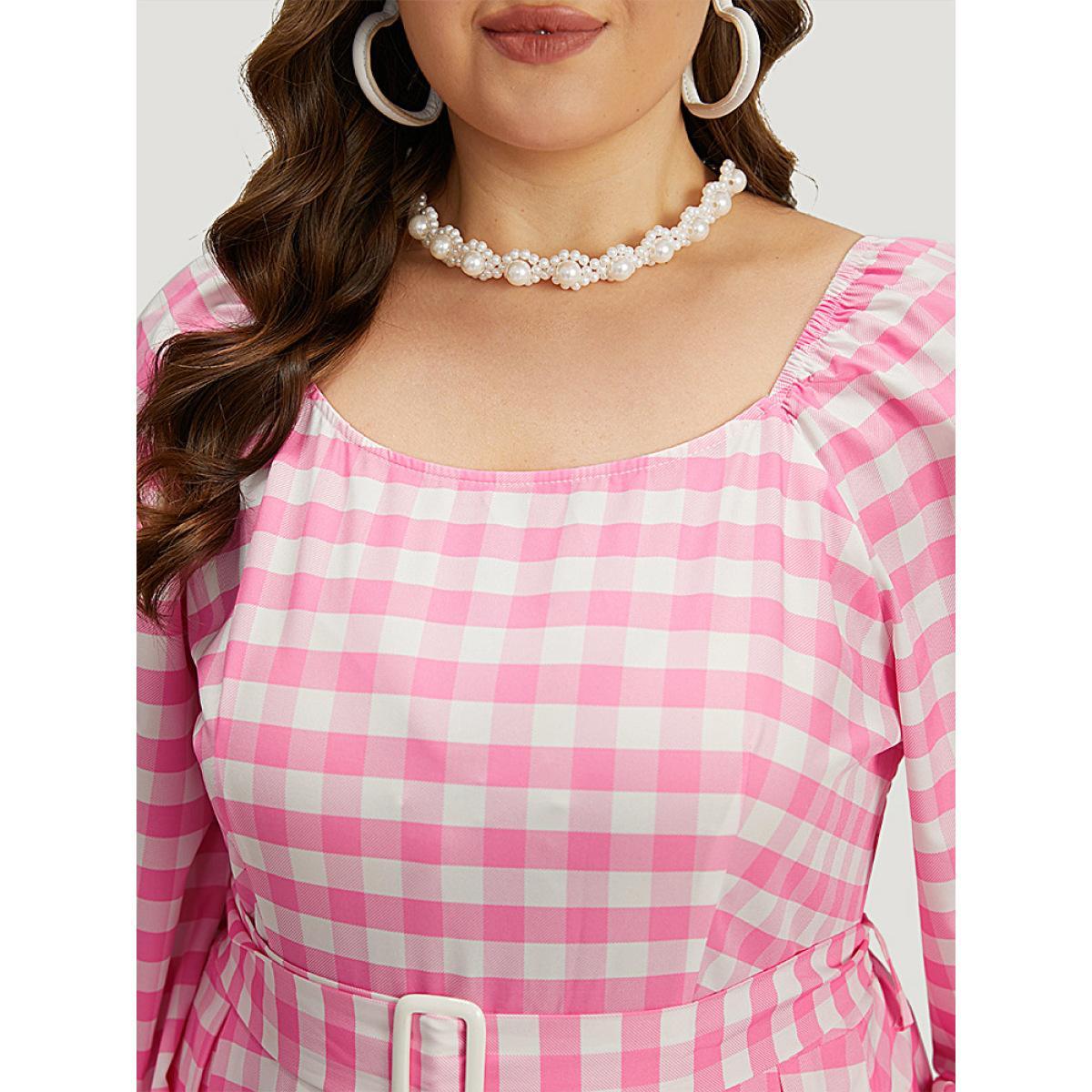 Plus Size Halloween Plaid Print Belted Square Neck Lantern Sleeve Dress Pink Women Elegant Elastic cuffs Square Neck Long Sleeve Curvy Midi Dress BloomChic 30/6X Product Image