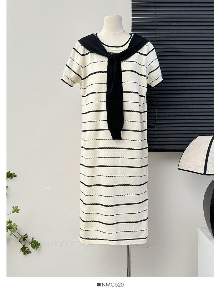 Inset-Shawl Striped Midi T-Shirt Dress Product Image