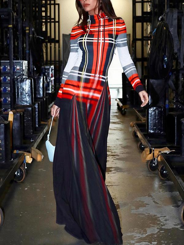 Long Sleeves Contrast Color Pleated Mock Neck Maxi Dresses Product Image