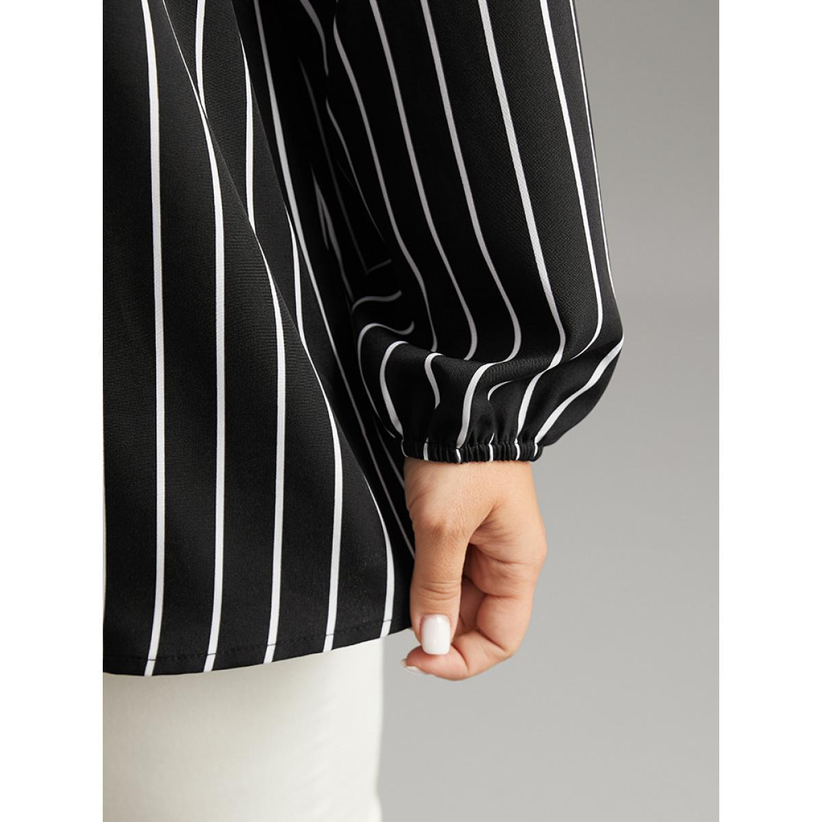 Plus Size Black Striped Shirt Collar Lantern Sleeve Blouse Women Office Long Sleeve Shirt collar Work Blouses BloomChic 14-16/1X Product Image