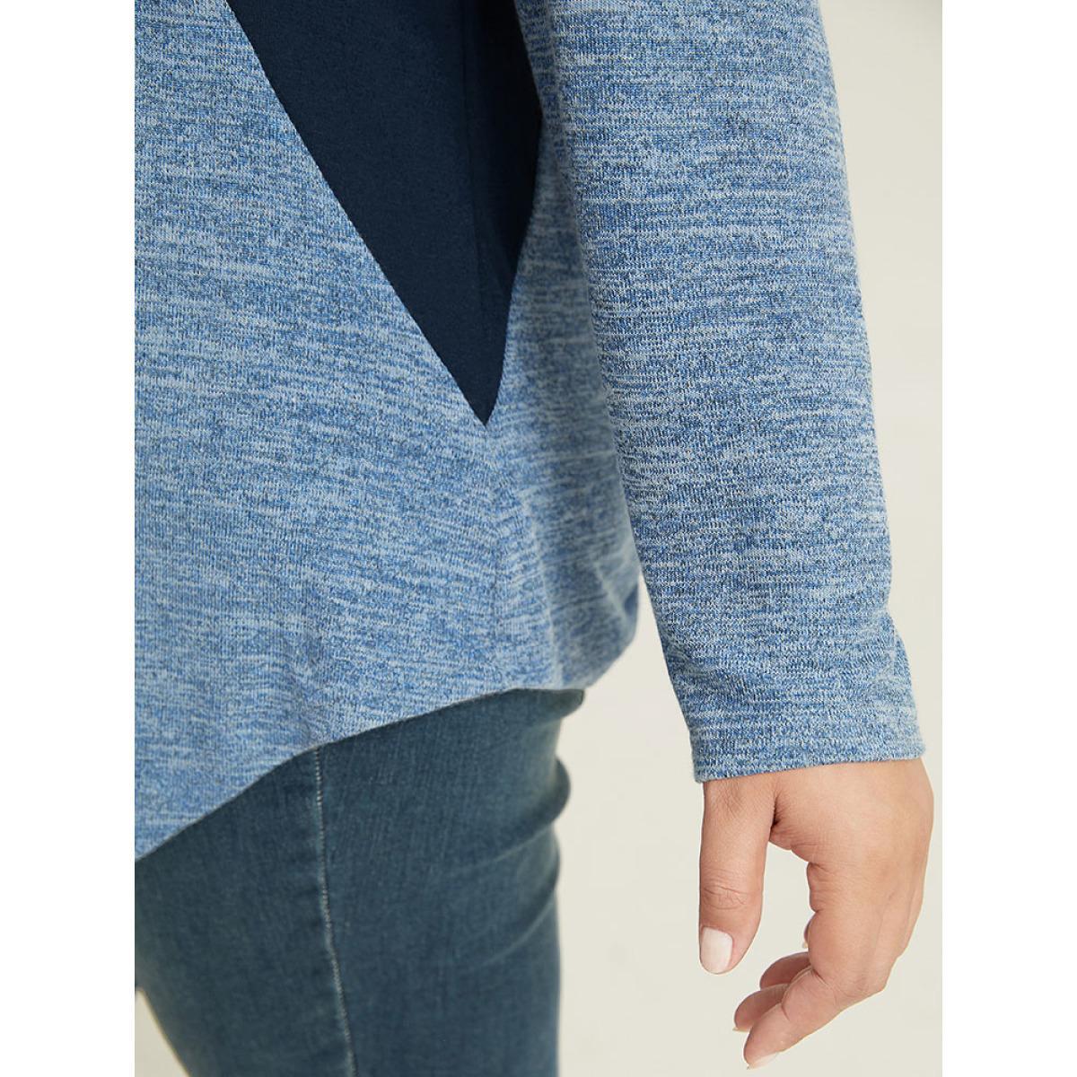 Plus Size Heather Patchwork Round Neck Curved Hem T-shirt Blue Women Elegant Contrast Plain Round Neck Dailywear T-shirts BloomChic 28/5X Product Image