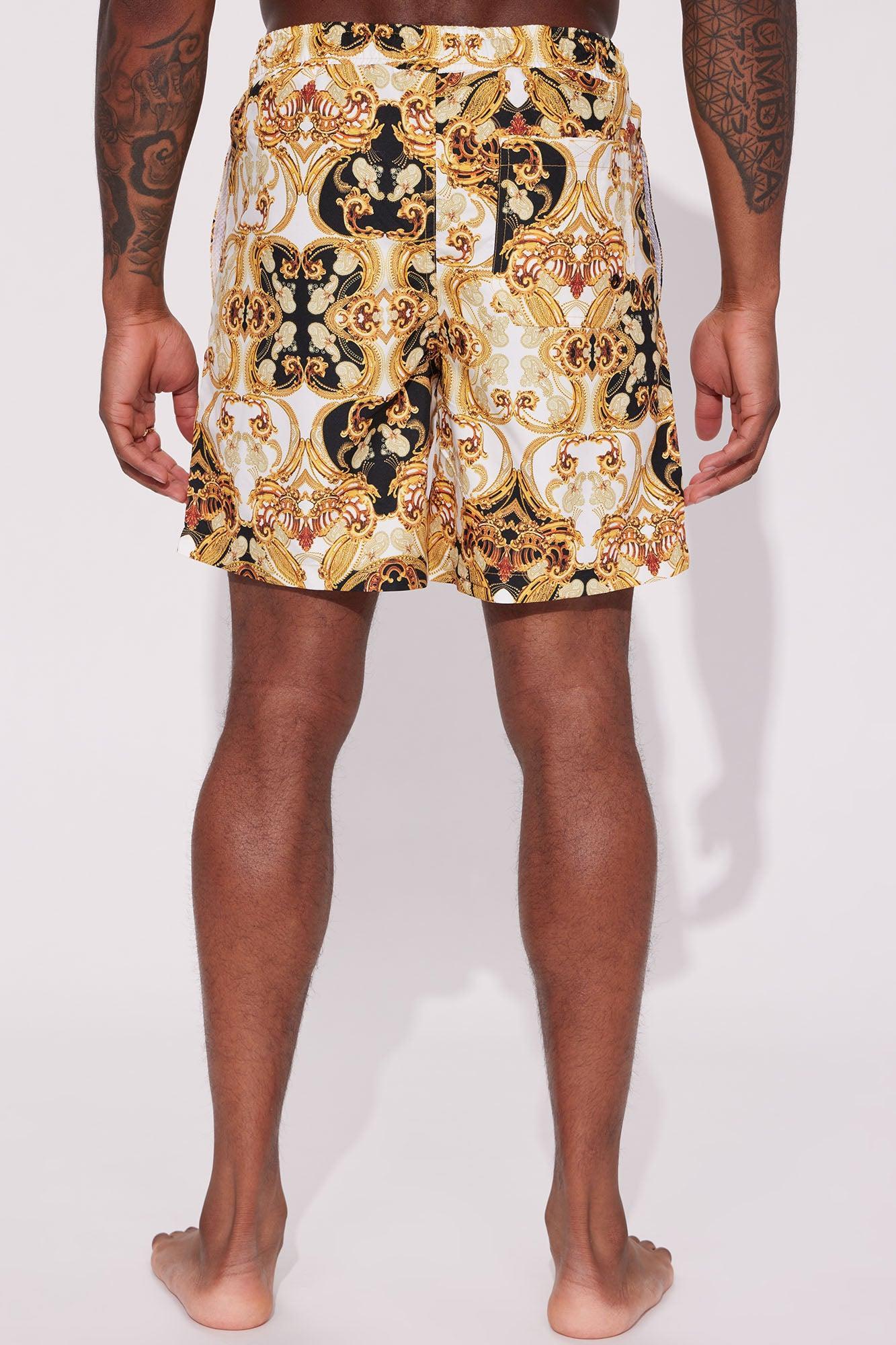 Luxe Baroque Swim Mid Trunk - Black/Gold Product Image