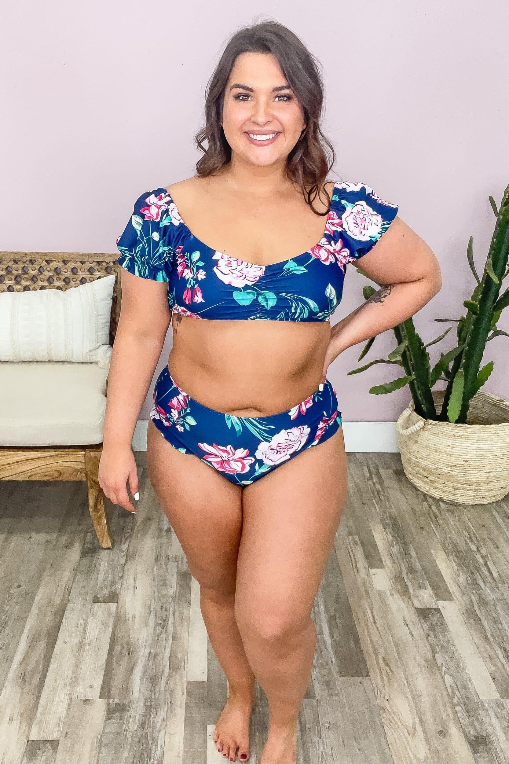 Navy Floral Ruffle Trim Two Piece Swimsuit Product Image