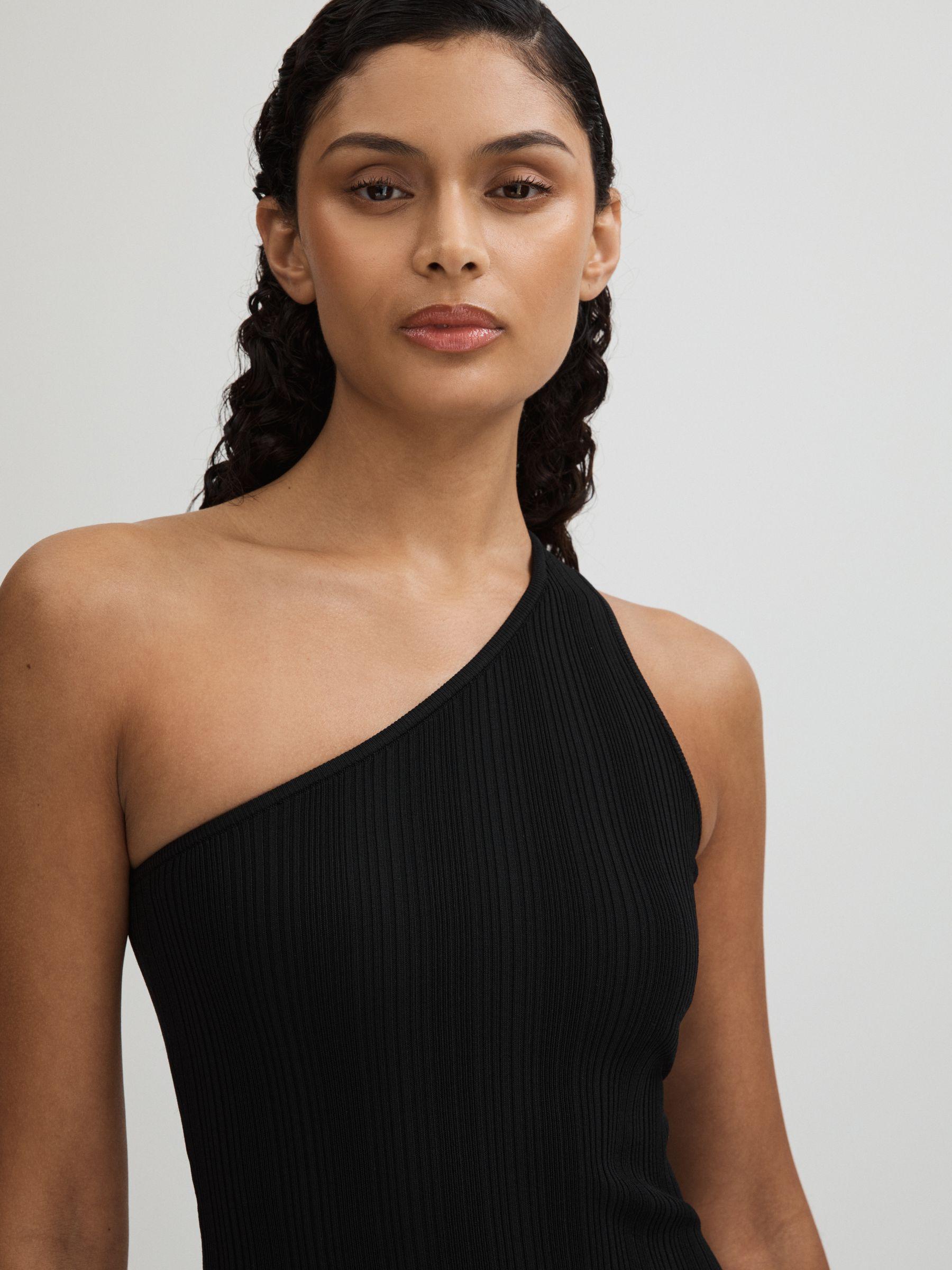 One-Shoulder Plisse Mini Dres in Black Product Image