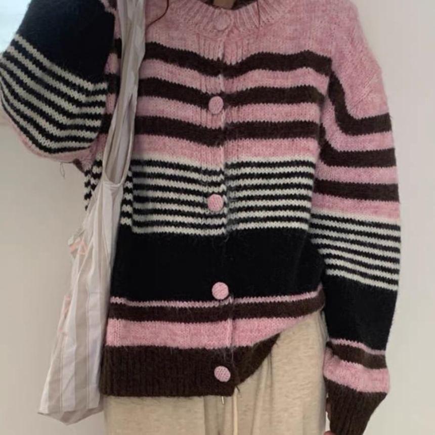 Crewneck Striped Button-Up Cardigan Product Image