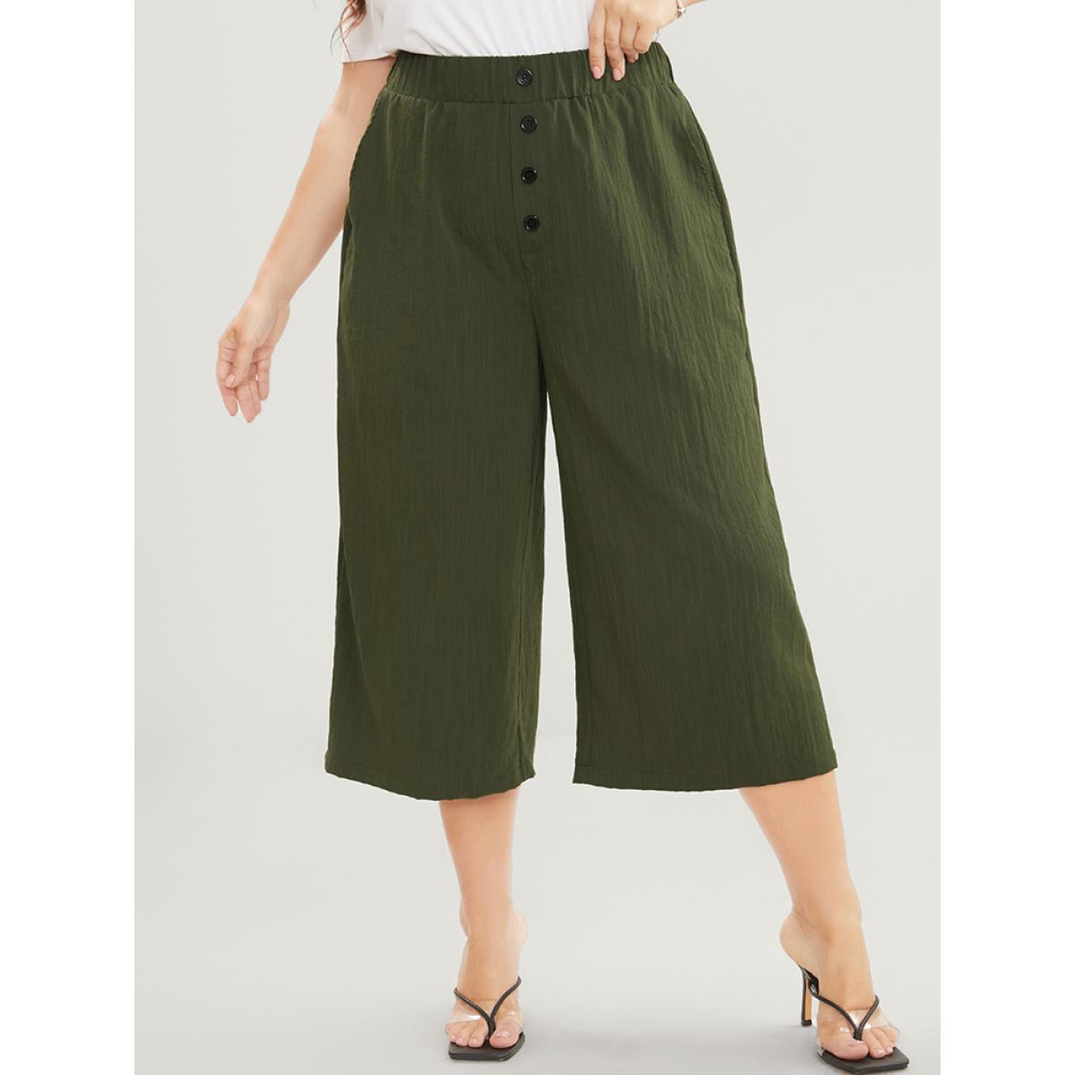 Plus Size Solid Elastic Waist Button Detail Pocket Loose Pants Women ArmyGreen Casual Loose High Rise Work Pants BloomChic 14-16/1X Product Image