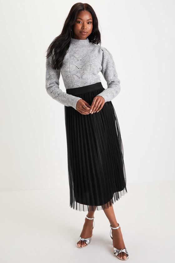 Favorite Occasion Black Shimmery Pleated High-Rise Midi Skirt Product Image