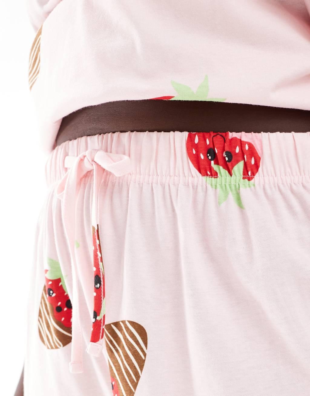 ASOS DESIGN Curve chocolate strawberry oversized tee & shorts pajama set in pink Product Image