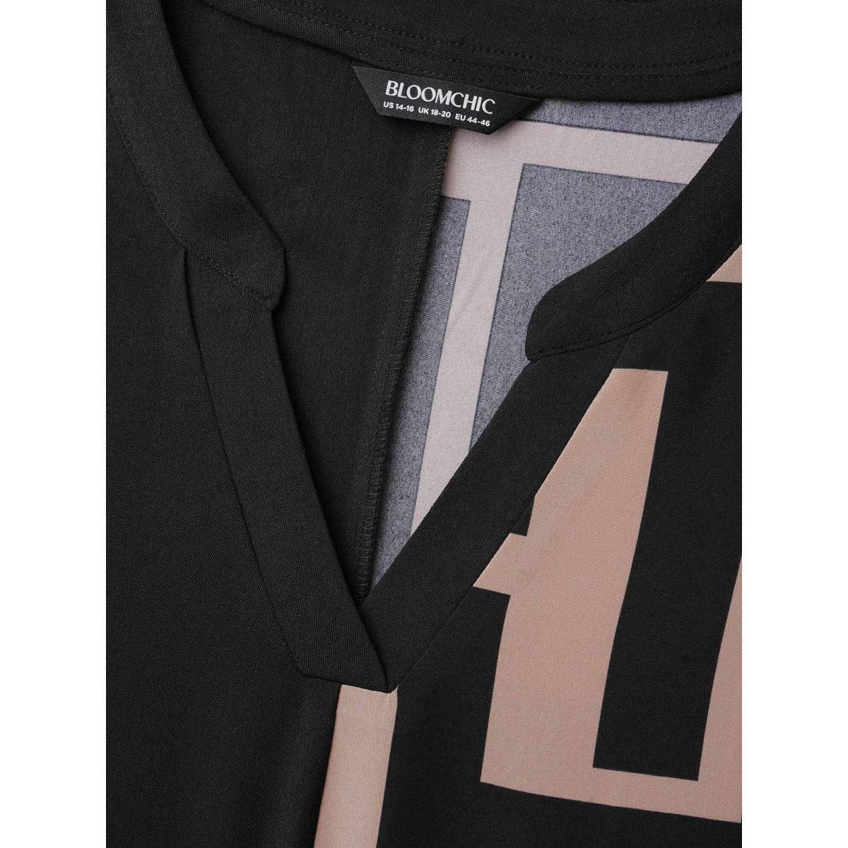 Plus Size Black Notched Geometric Colorblock Contrast Blouse Women At the Office Long Sleeve Notched collar Work Blouses BloomChic 26/4X Product Image