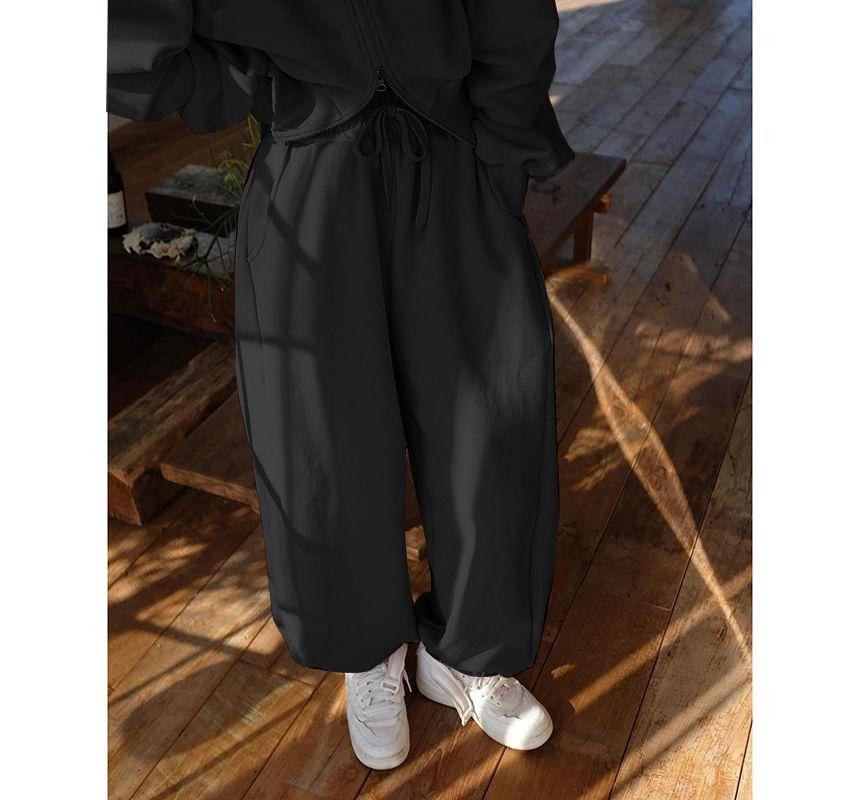 Stand Collar Plain Zip Jacket / Drawstring Waist Harem Sweatpants Product Image