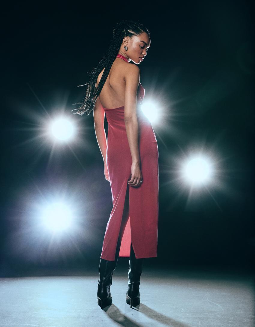 Velvet halter neck midi dress Product Image