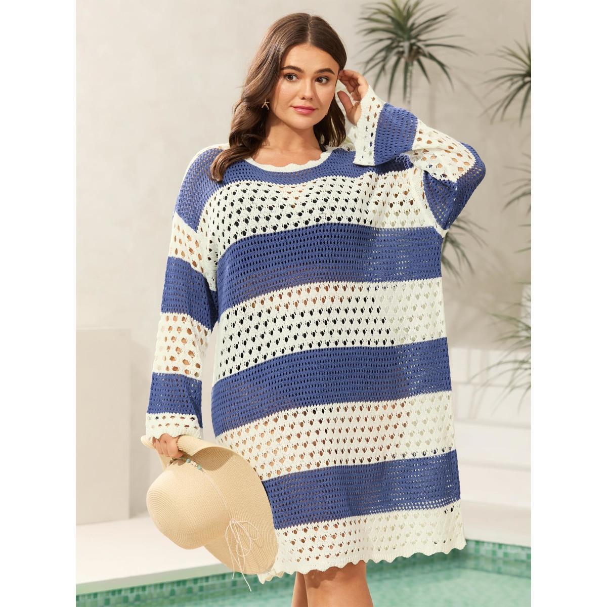 Plus Size Striped Cut-Out Color Contrast Swim Cover-Up Women's Swimwear Indigo Beach Loose Contrast Curve Swim Cover Ups BloomChic 18-20/2X Product Image