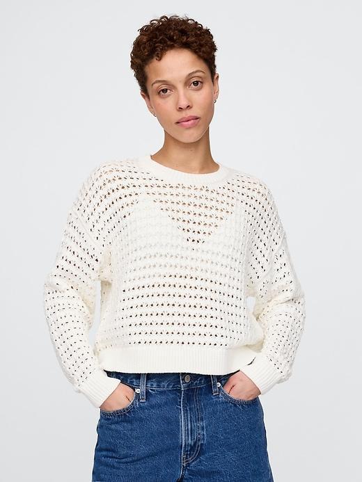 100% Cotton Crochet Crewneck Sweater Product Image
