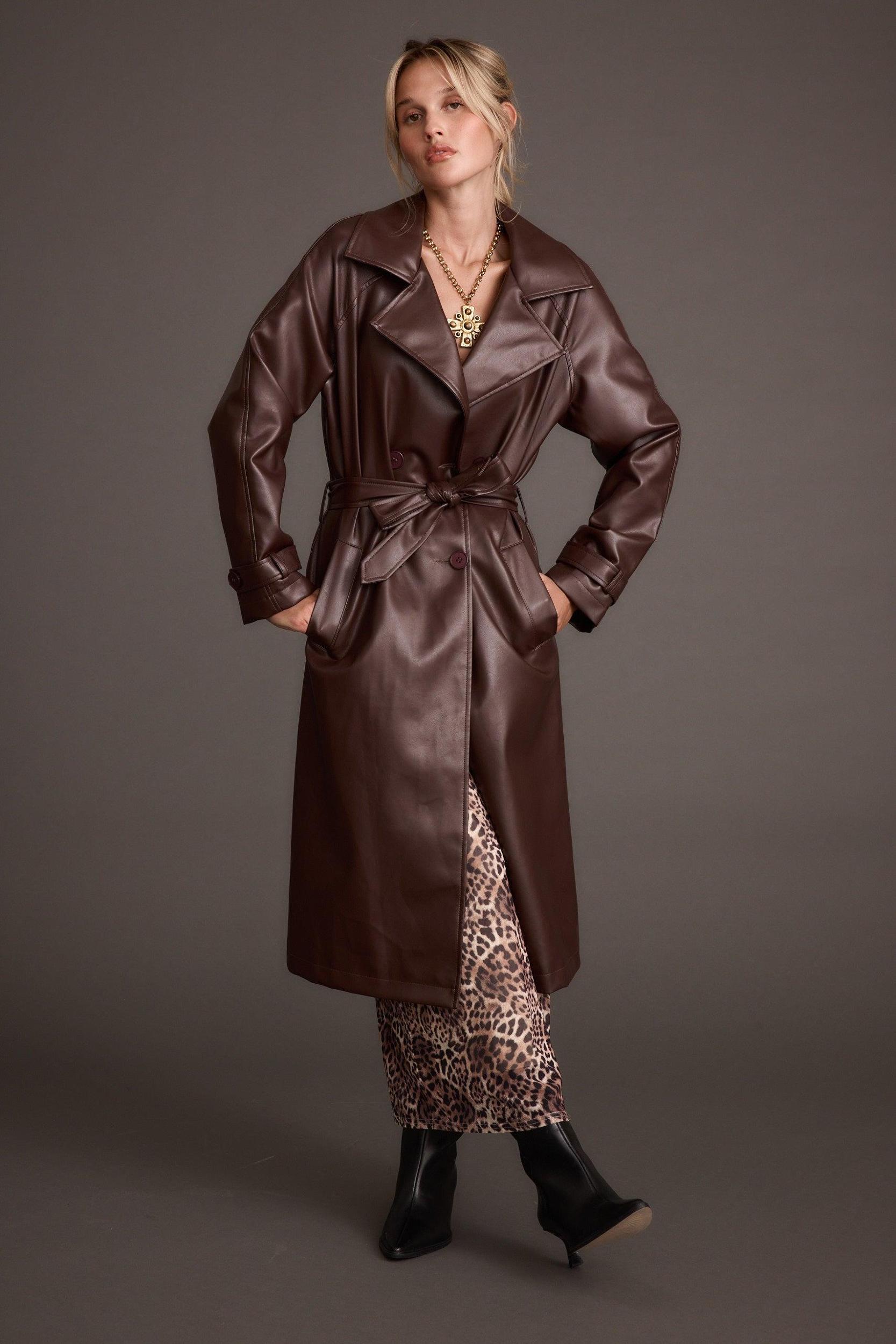 Brynne Faux Leather Mahogany Brown Trench Product Image