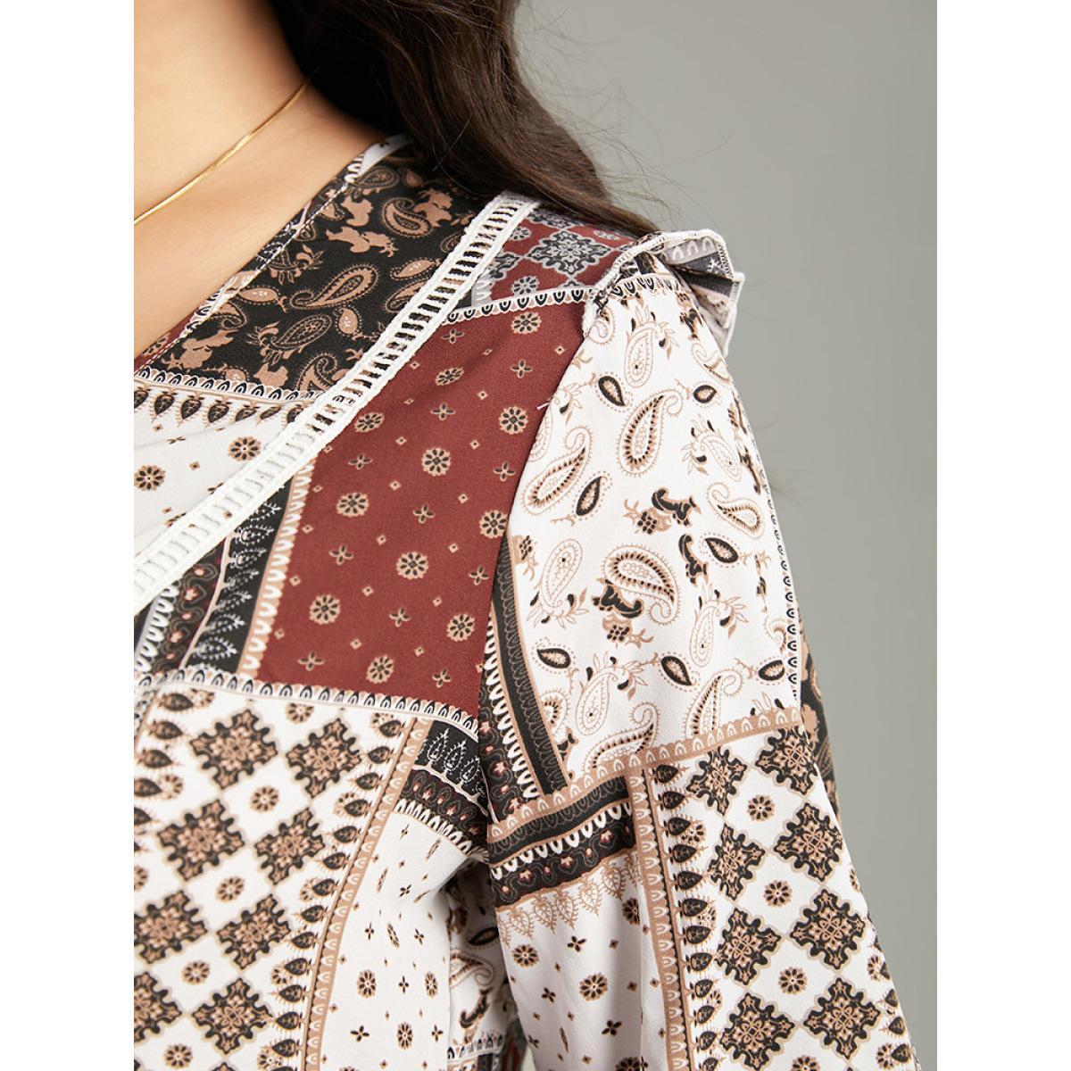 Plus Size Scarlet Moroccan Print Lace Panel Ruffles Frill Trim Blouse Women Vacation Elbow-length sleeve V-neck Vacation Blouses BloomChic 18-20/2X Product Image