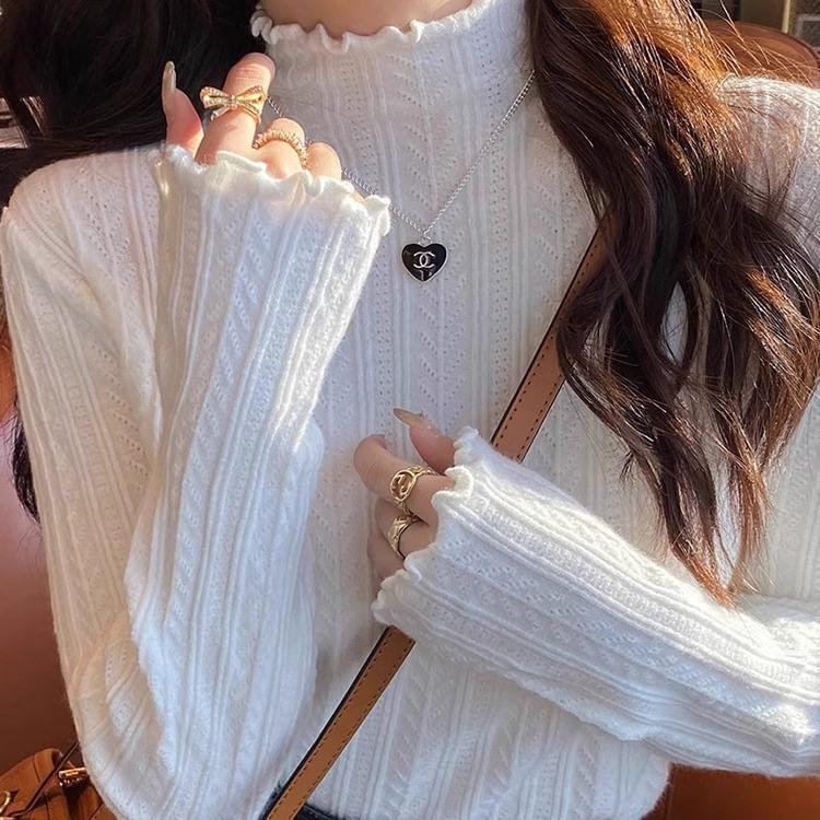 Long Sleeve Mock Neck Plain Frill Knit Top Product Image