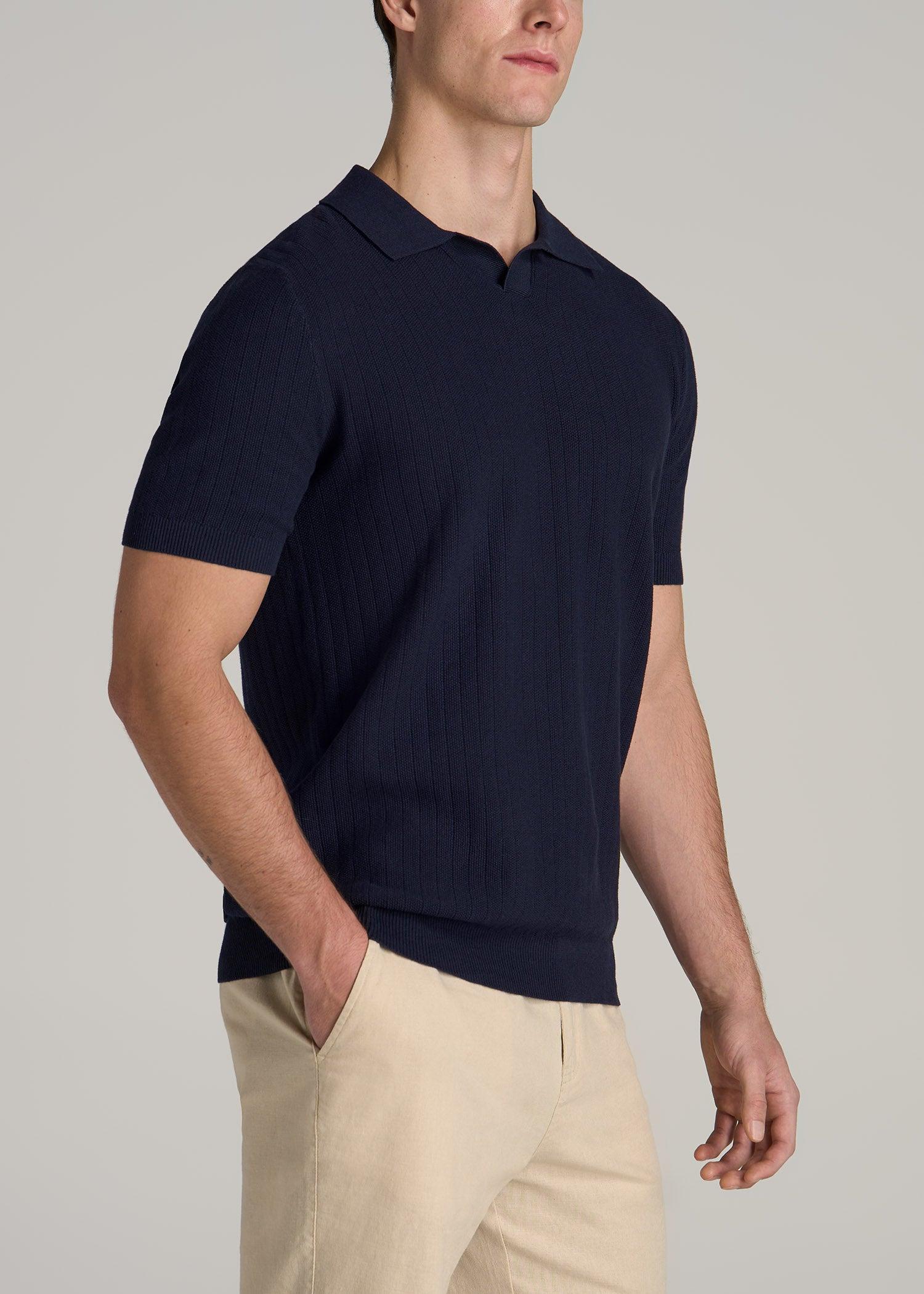 Linen Blend Ribbed Knit Polo Shirt for Tall Men in Evening Blue Product Image