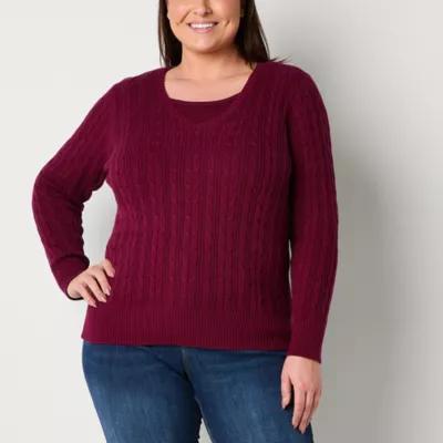St. John's Bay Plus Womens V Neck Long Sleeve Cable Knit Pullover Sweater Product Image