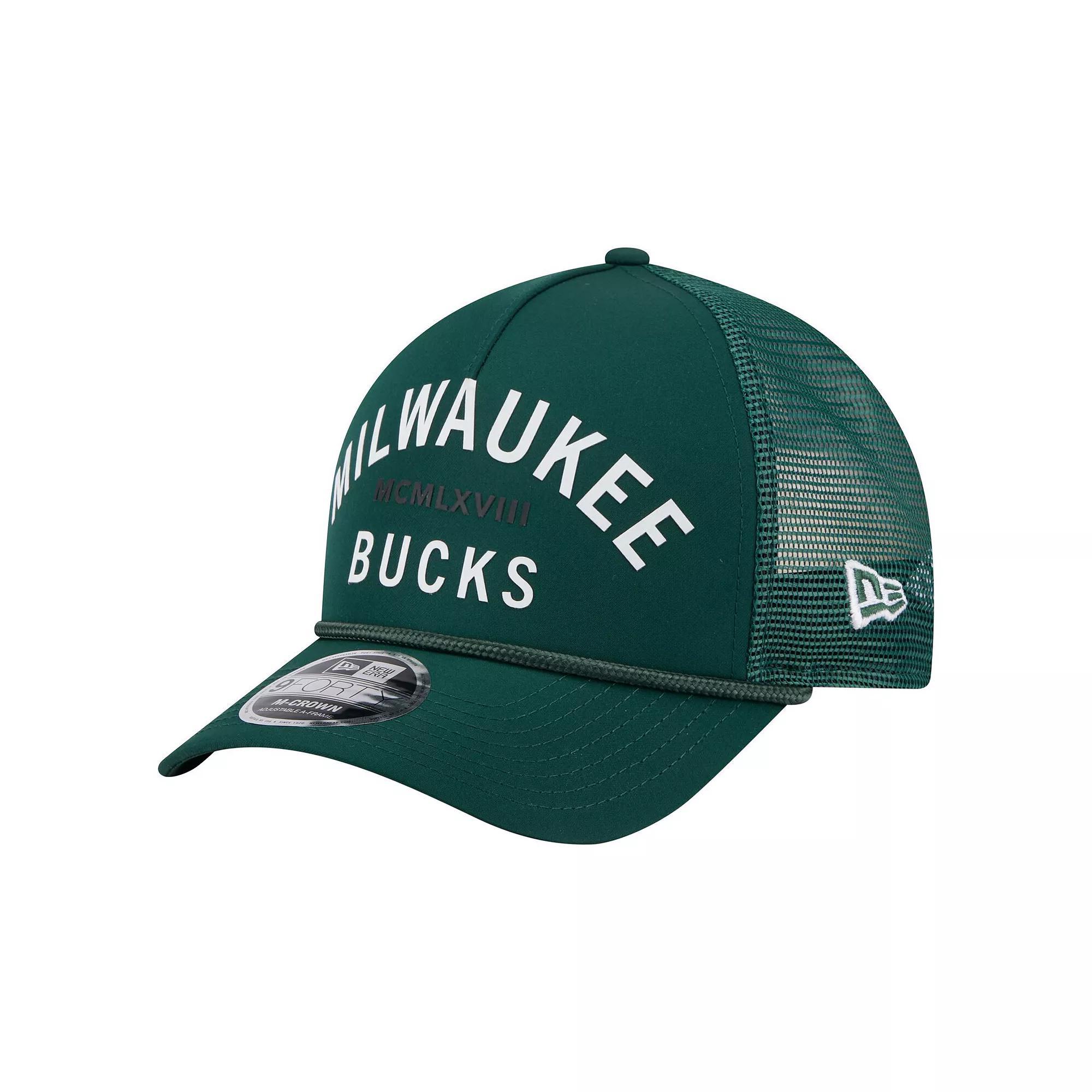 Men's New Era  Hunter Green Milwaukee Bucks Minimalist A-Frame 9FORTY Trucker Hat, Team Product Image