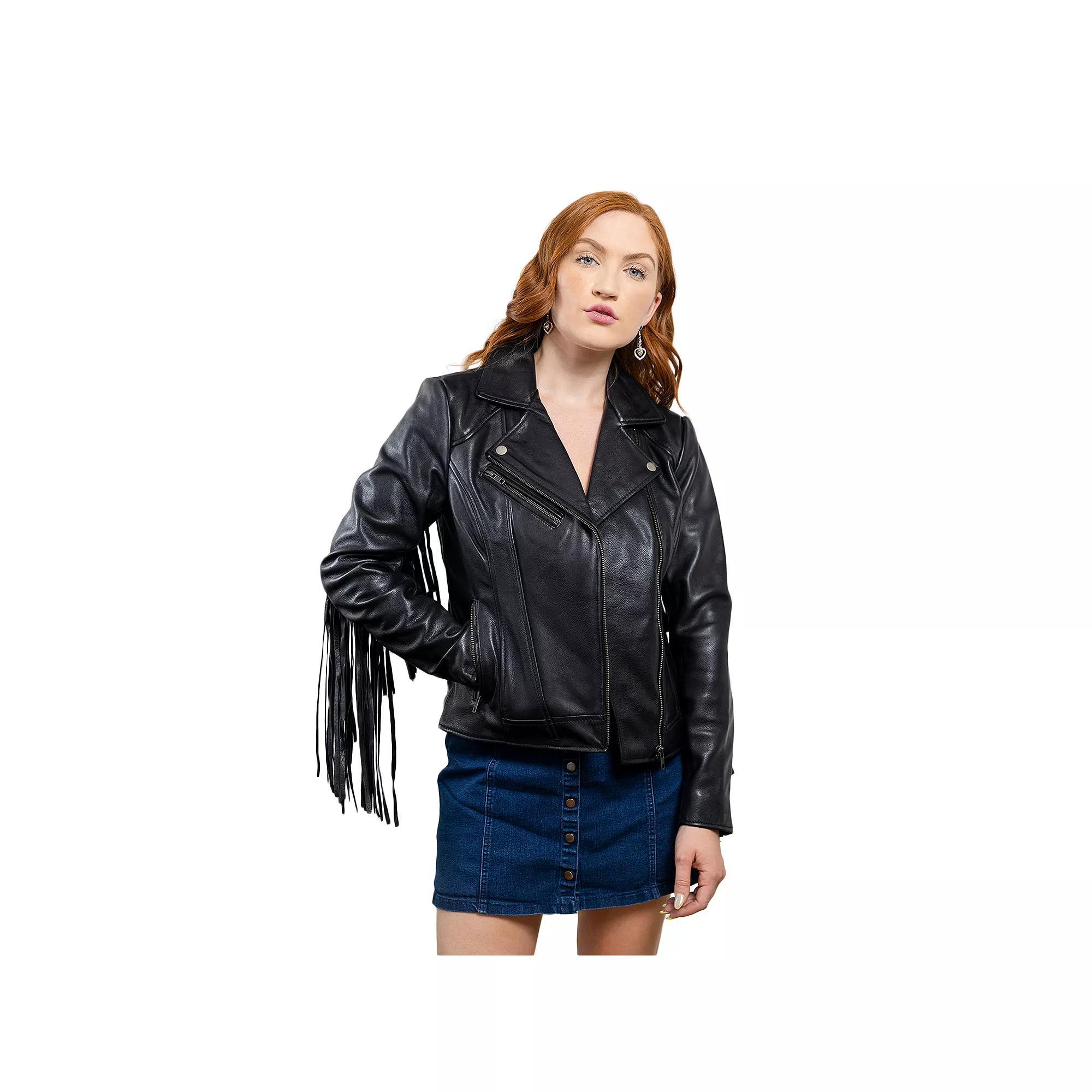 Plus Size Whet Blu Daisy Fringed Asymmetrical Moto Leather Jacket, Women's, Size: 4XL, Red Product Image