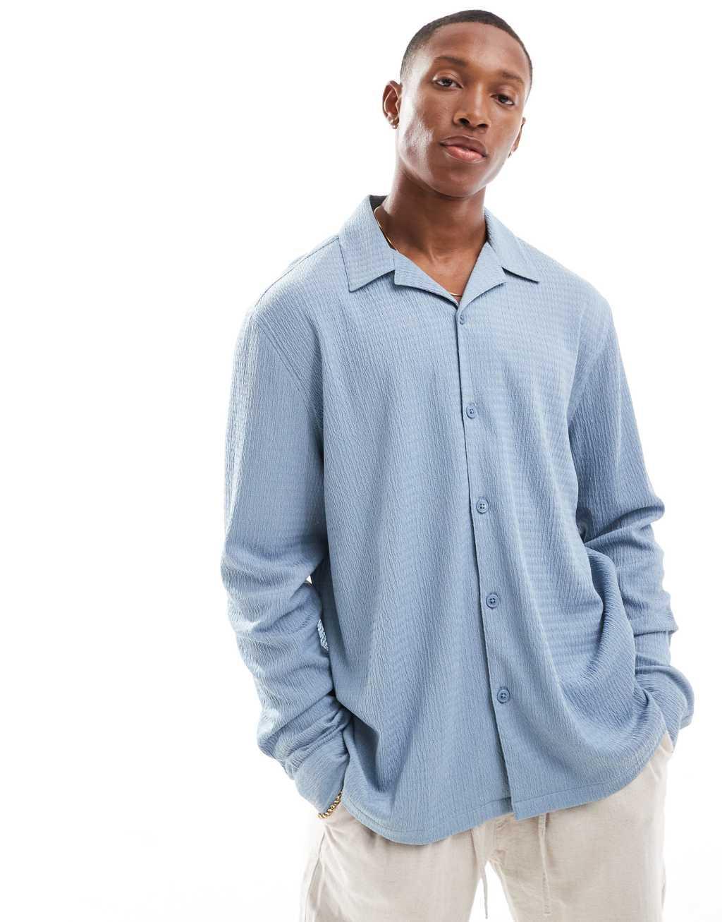ASOS DESIGN relaxed camp collar shirt in blue crinkle texture Product Image