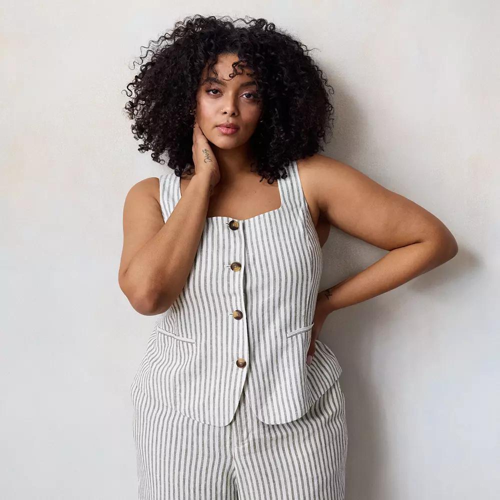 Plus Size LC Lauren Conrad Thin Strap Square Neck Vest, Women's, Size: 2XL, Green Monaco Stripe Product Image