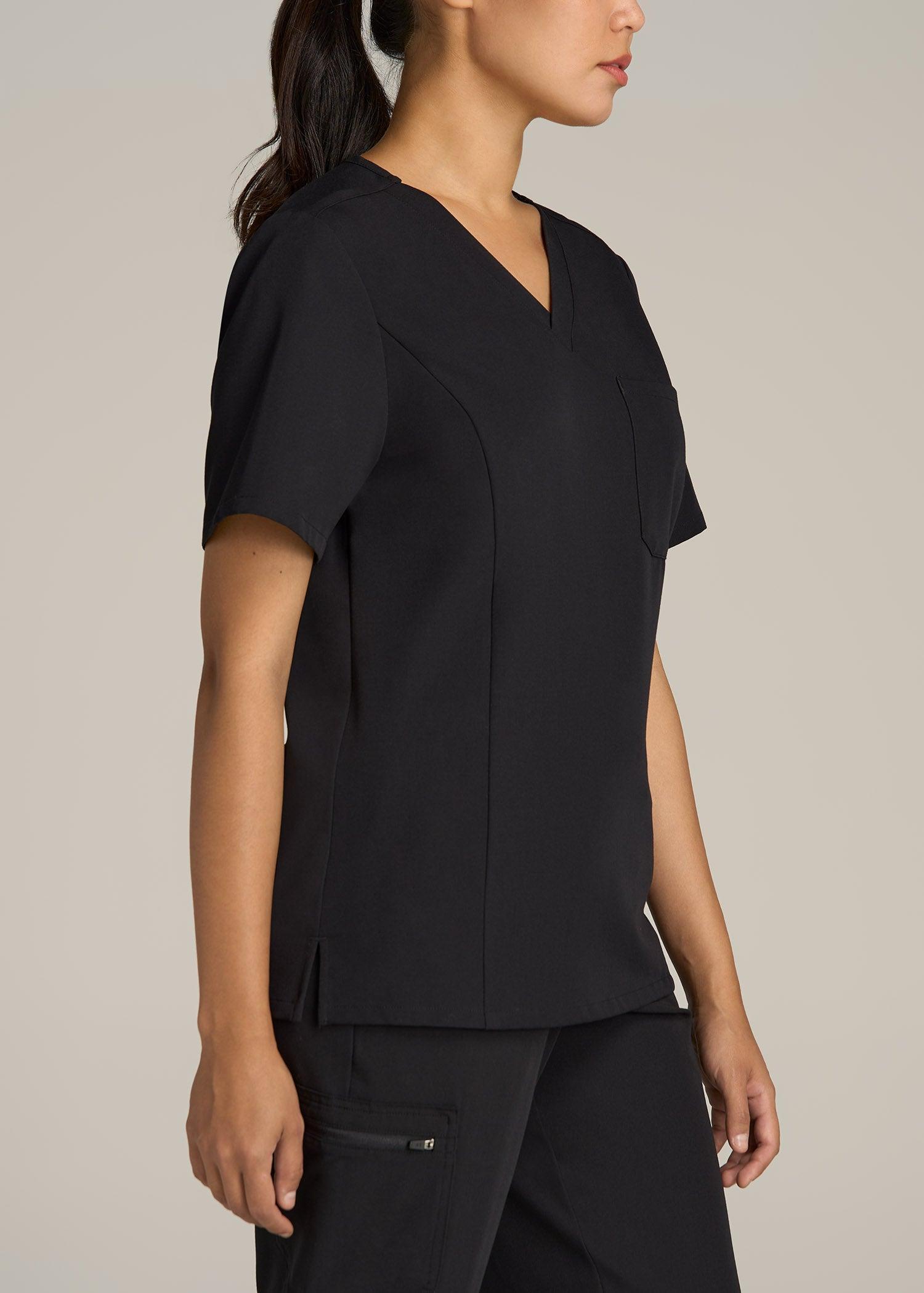 Short Sleeve V-Neck Scrub Top for Tall Women in Black Product Image