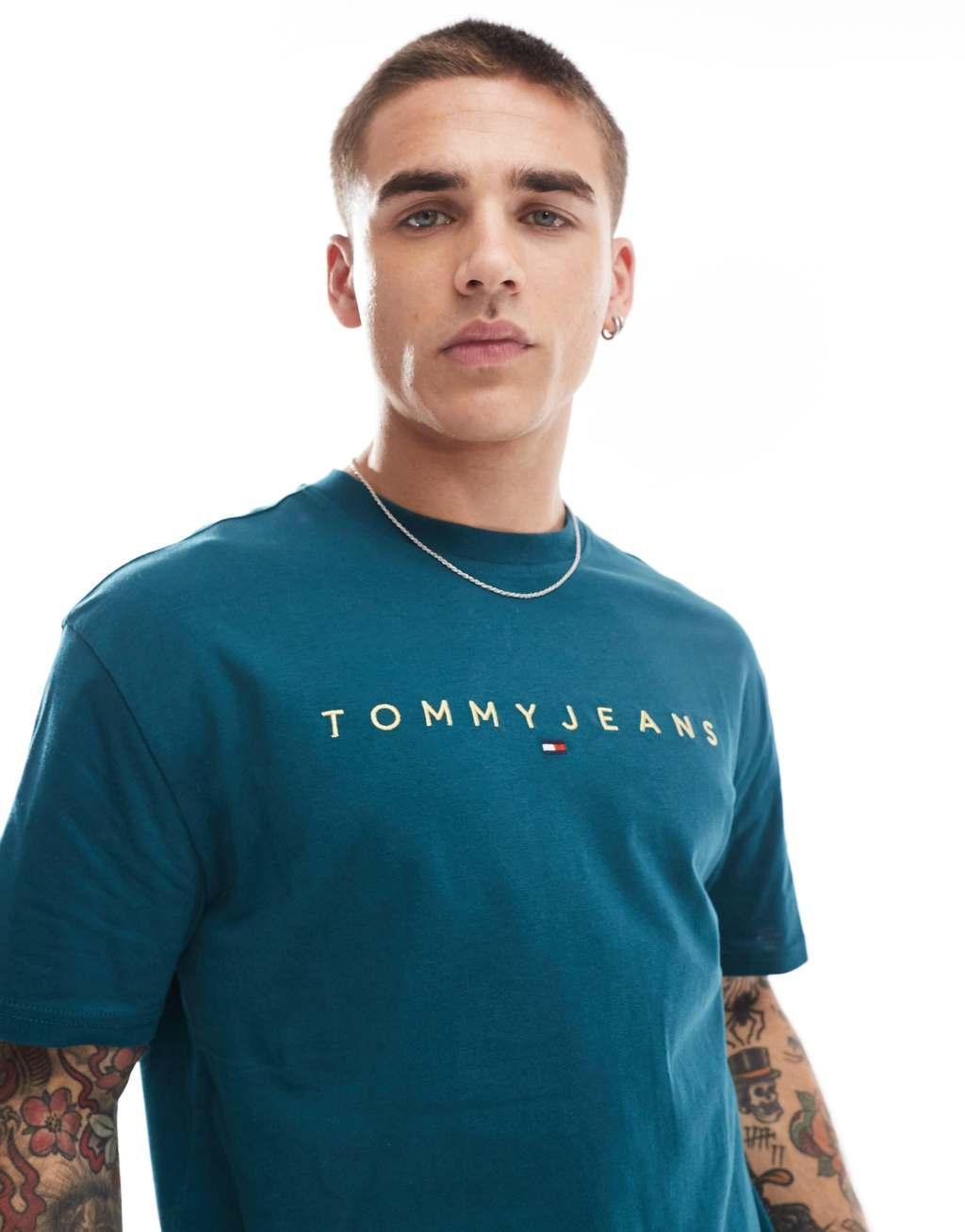 Tommy Jeans gold linear logo T-shirt in green Product Image