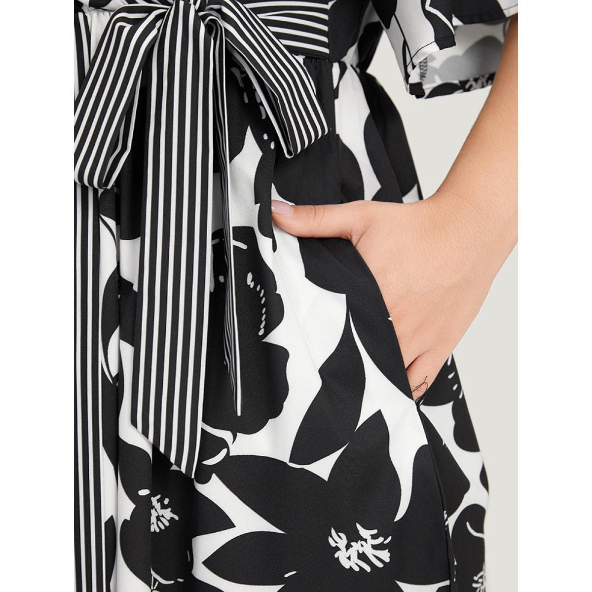 Plus Size Striped & Floral Print Pocket Bowknot Patchwork Dress White Women Office Printed V-neck Short sleeve Curvy Midi Dress BloomChic 30/6X Product Image