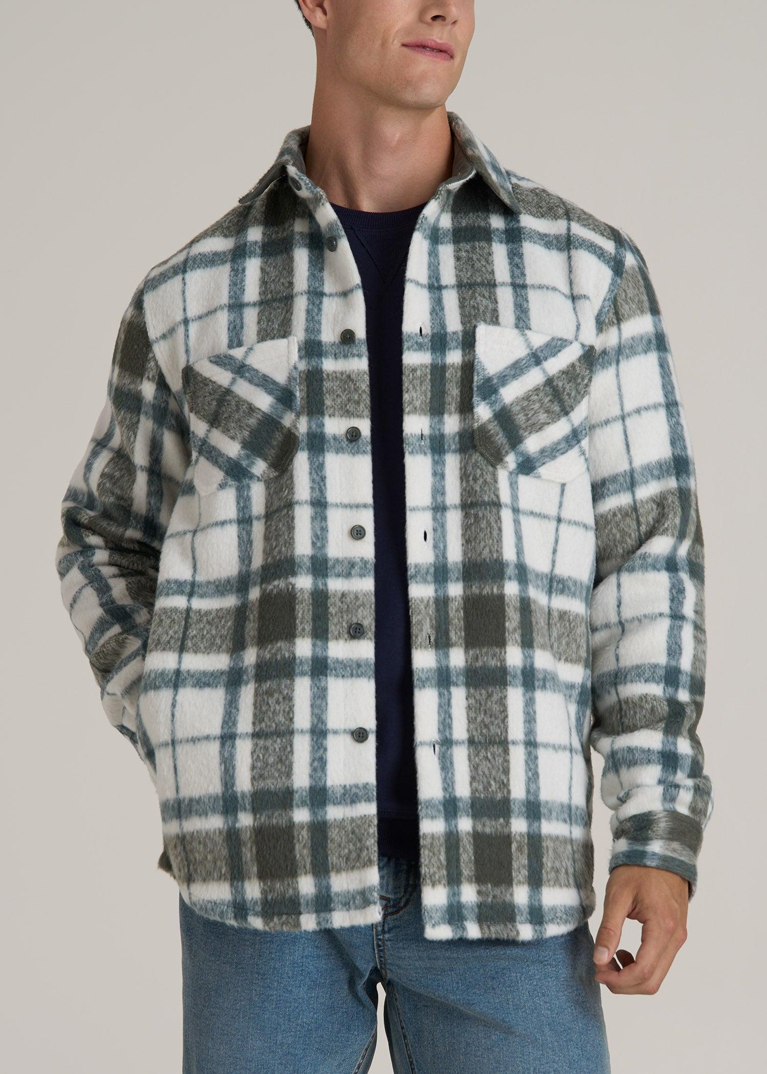 Brushed Flannel Overshirt for Tall Men in Ecru and Green Plaid Product Image